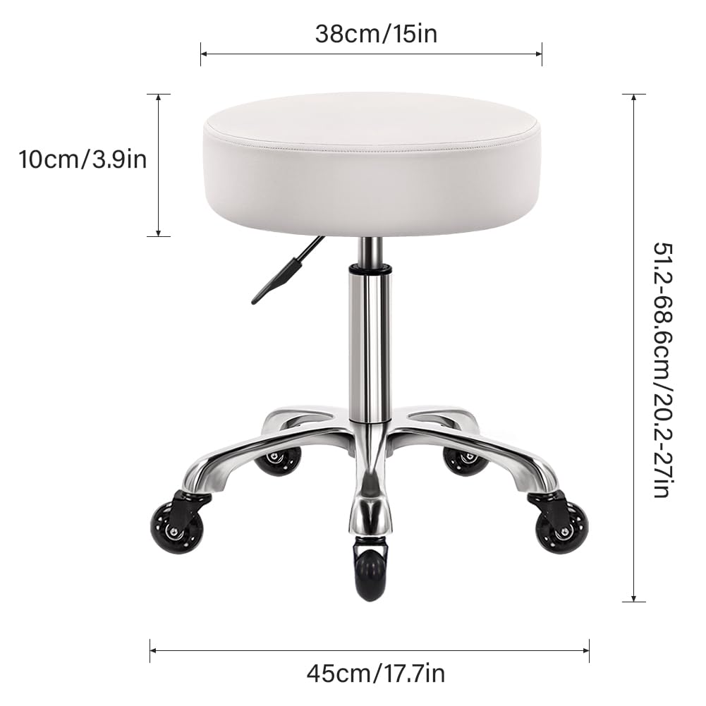 Heavy Duty Hydraulic Adjustable Rolling Stool with Wheels - Ergonomic Leather Swivel Chair for Kitchen, Office, Salon & Lab - White | Perfect for Hairdressers, Chefs & Tattoo Artists