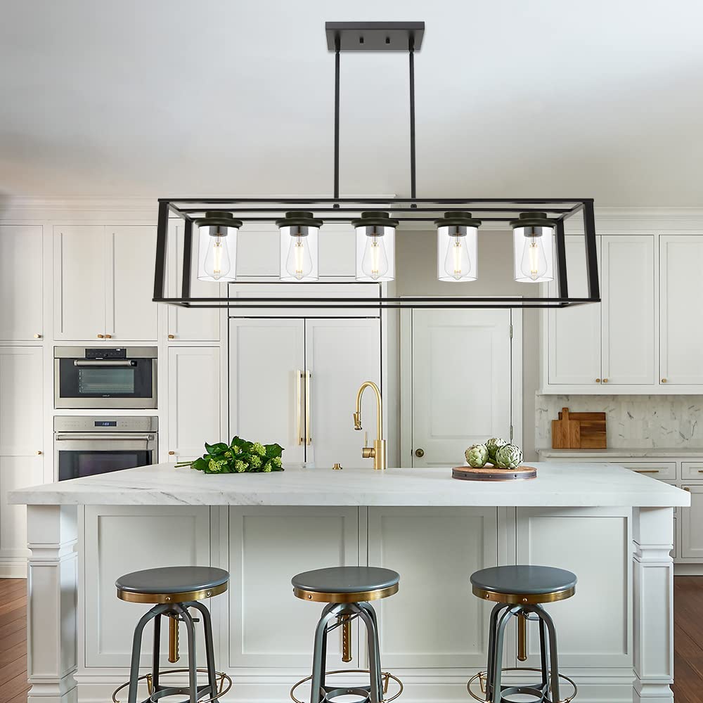 6-Light Linear Pendant Light Fixture with Clear Glass Shade - Farmhouse Black Frame Chandelier for Kitchen Island, Dining Room - Perfect for Modern Farmhouse, Rustic & Industrial Home Decor