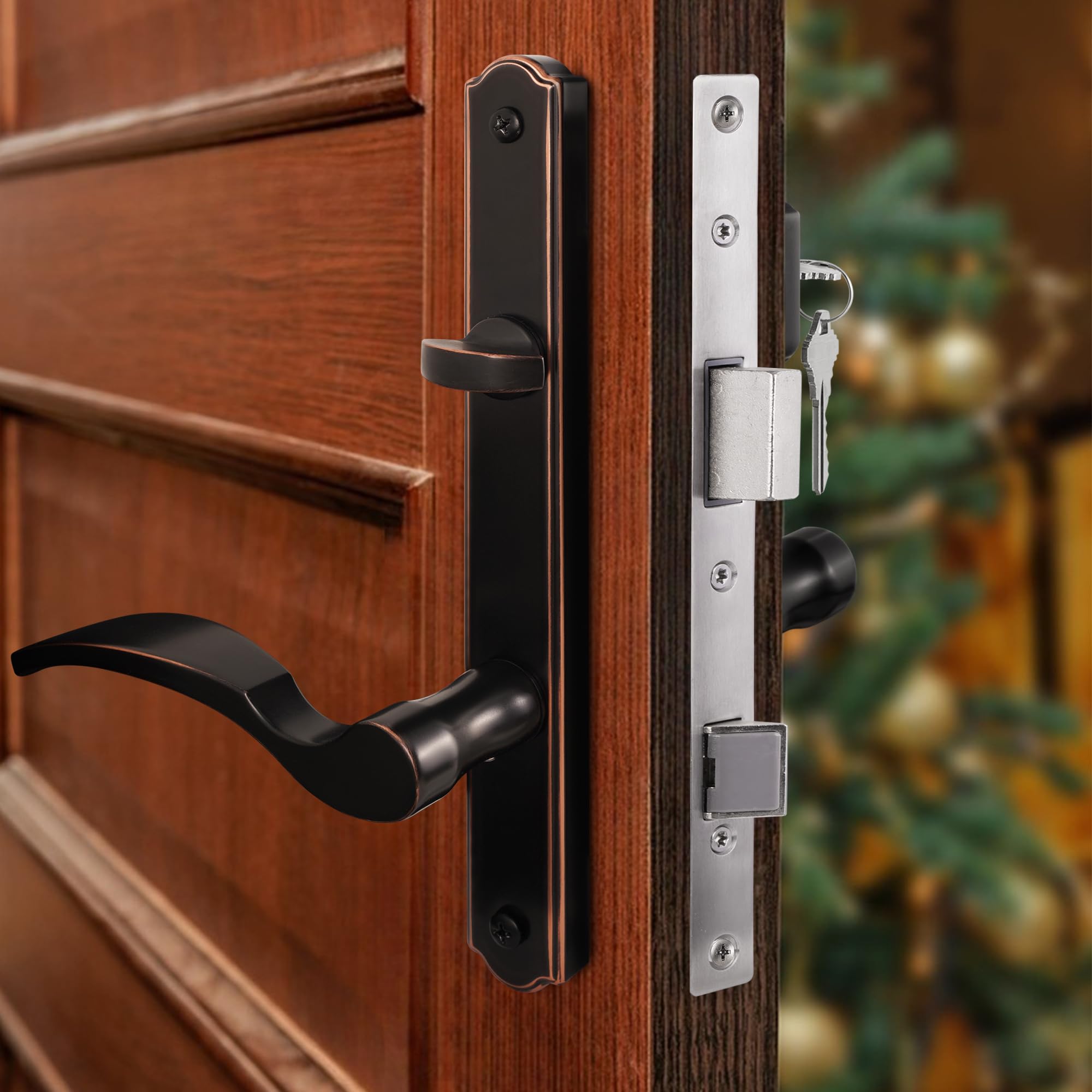 Universal Hinged Patio Door Handle System with Lever Handle & Mortise Lock Set - Left/Right Entry Door Handles (Oil Rubbed Bronze) - Perfect for Sliding Glass Doors, French Doors & Home Security