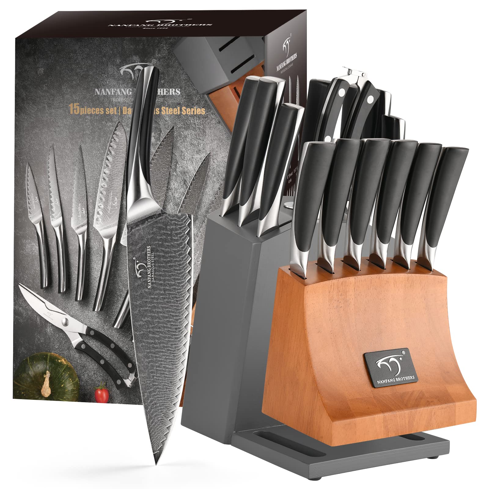 Premium 15-Piece Damascus Steel Knife Set with Wooden Block - Professional Chef Knives, Carving Fork & Ergonomic ABS Handles - Perfect for Home Cooking, Meat Carving & Kitchen Gifts