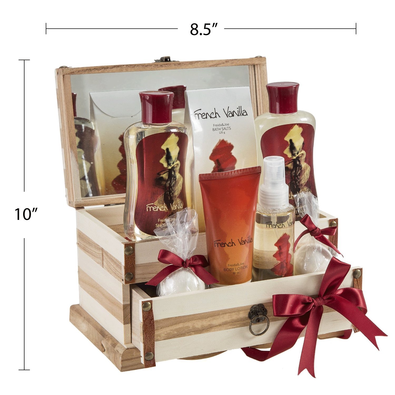 French Vanilla Bath Set - Essential Bath & Body Gift Basket with 2 Vanilla Bath Bombs, Moisturizing Body Lotion, Refreshing Body Spray, Relaxing Bath Salts in Elegant Wooden Jewelry Box - Perfect Spa Gift for Women, Birthday & Anniversary Present