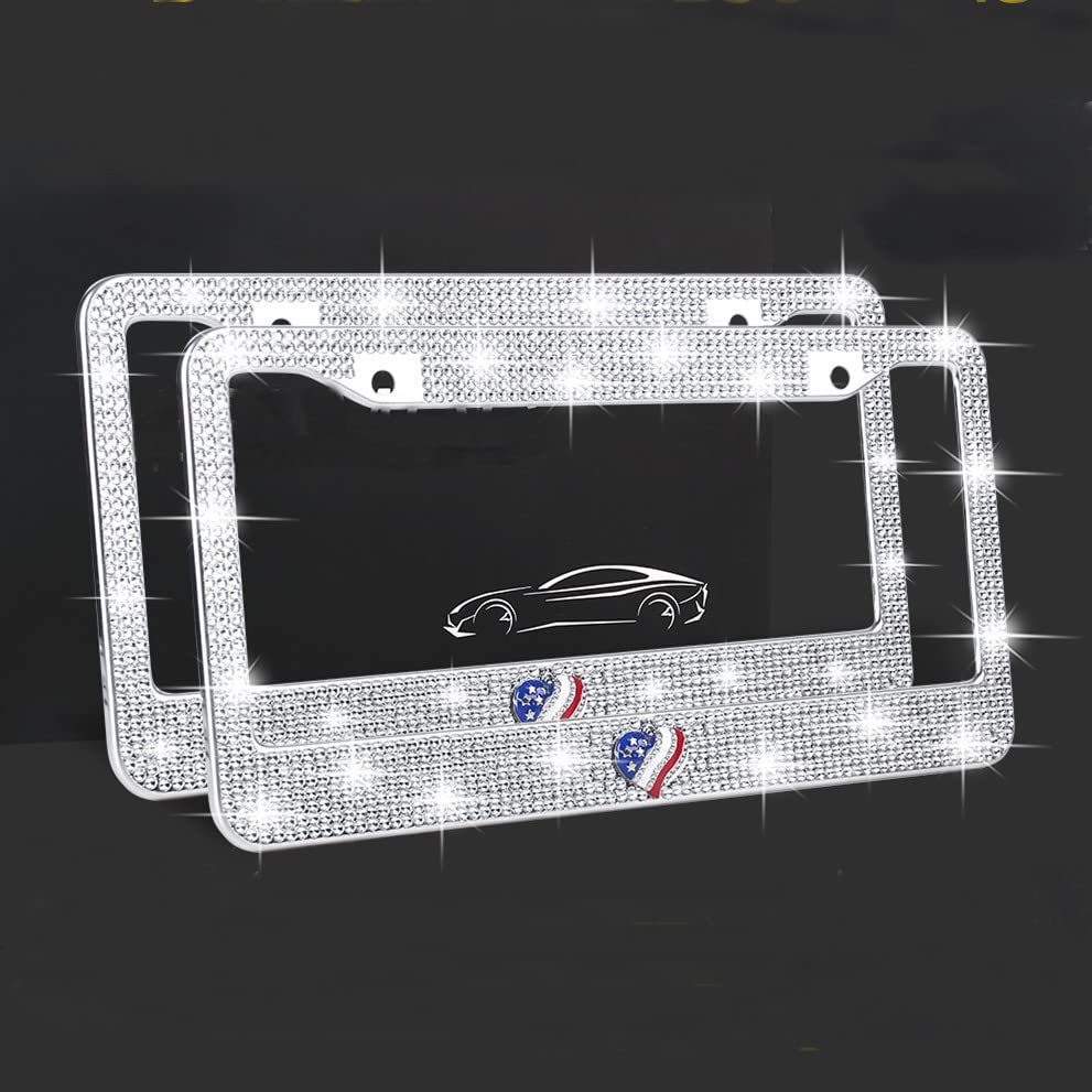 Sparkly Rhinestone Bling License Plate Frames for Women - 2PCs Heart-Shaped Bedazzled Car Plate Covers with Gift Box (USA Design) | Perfect for Car Decoration, Birthday Gifts & Customizing Your Vehicle
