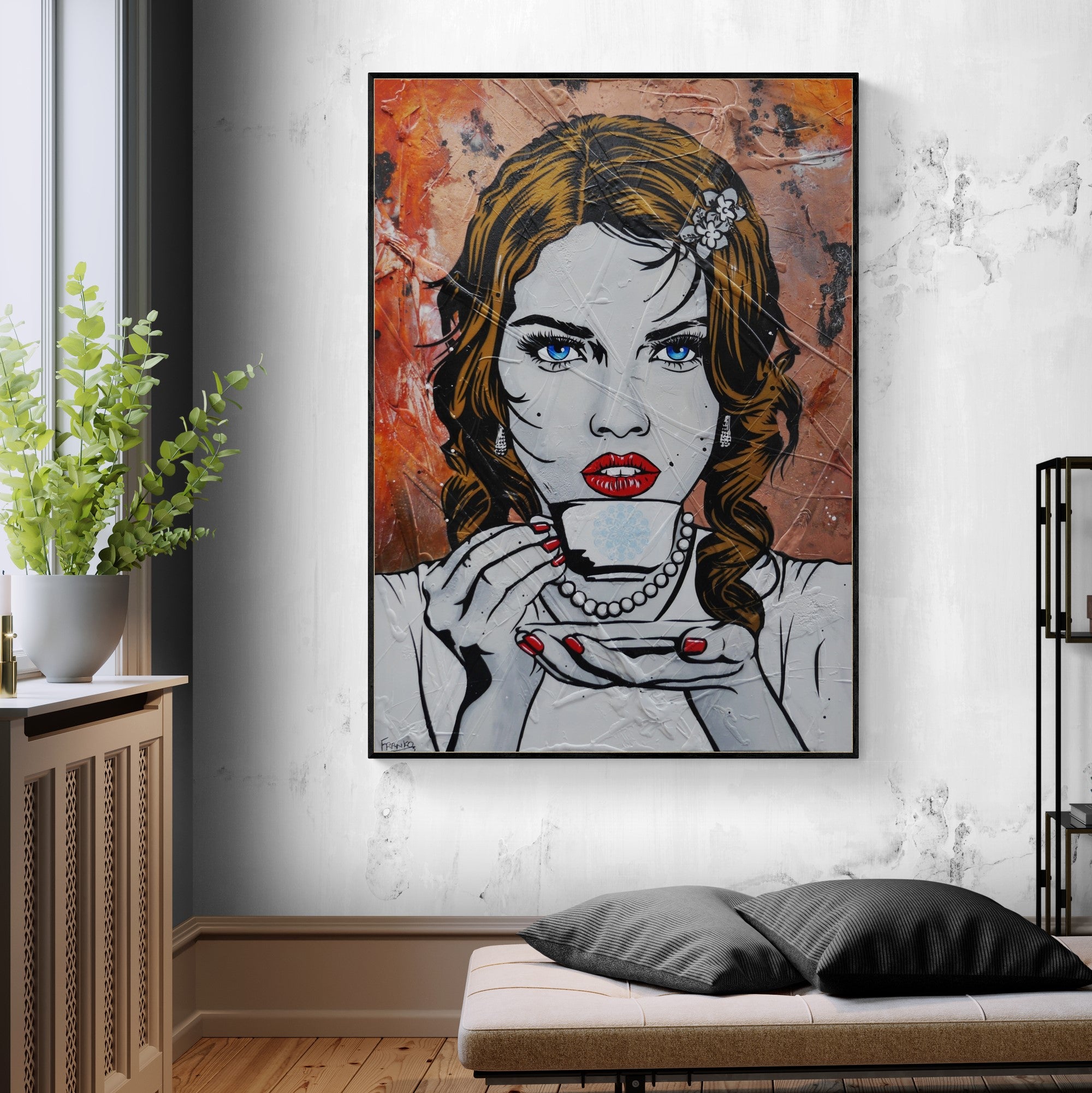 140cm x 100cm Coffee Girl Textured Urban Pop Art Canvas Painting - Modern Wall Decor for Living Room, Bedroom & Office