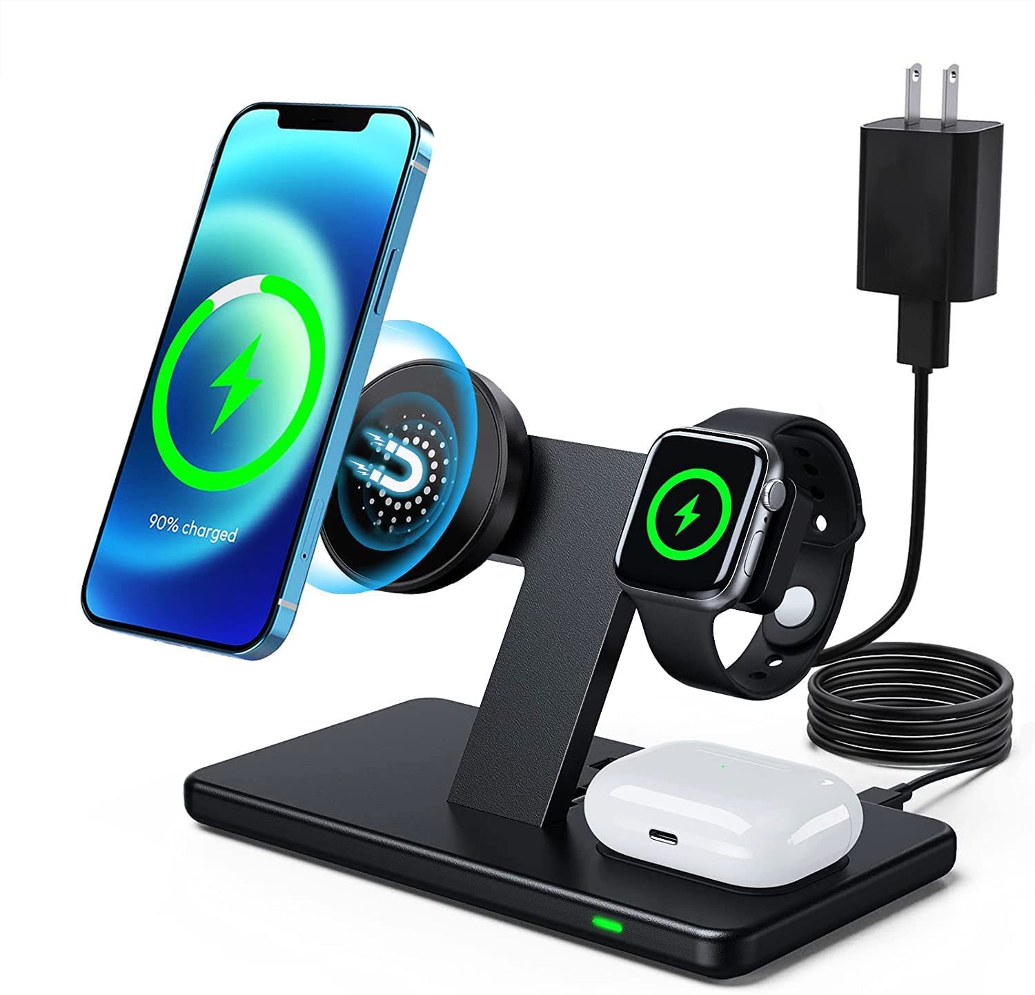 LXSOSO 3-in-1 Wireless Charging Station for iPhone, Apple Watch Series 8 & AirPods - Fast Qi-Certified Charger Stand with Nightstand Mode | Perfect for Bedside, Office Desk & Travel Accessories