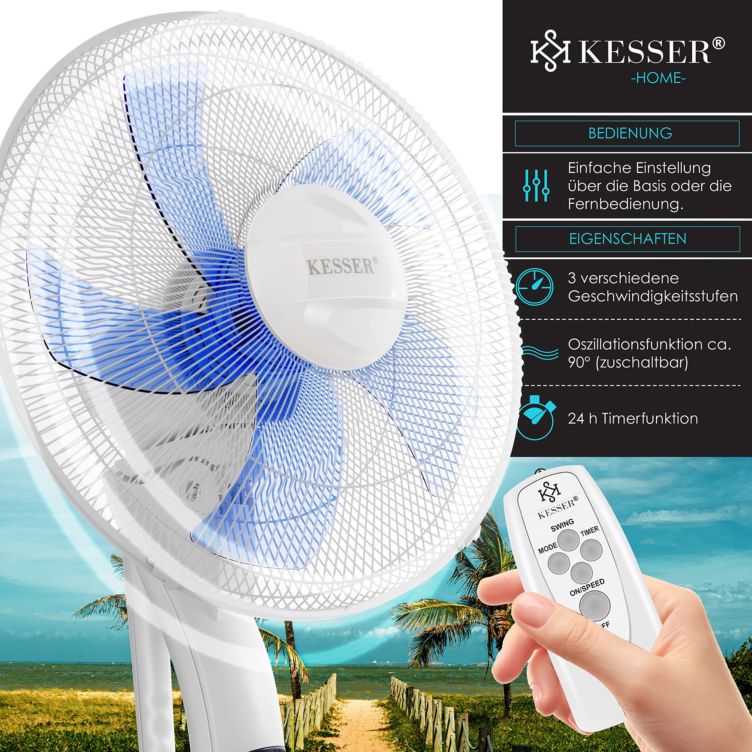 KESSER® 50W Remote Control Floor Fan with Timer, 3 Speed Levels, 80° Oscillation, Height & Tilt Adjustable Stand - Perfect for Home, Office & Bedroom Cooling