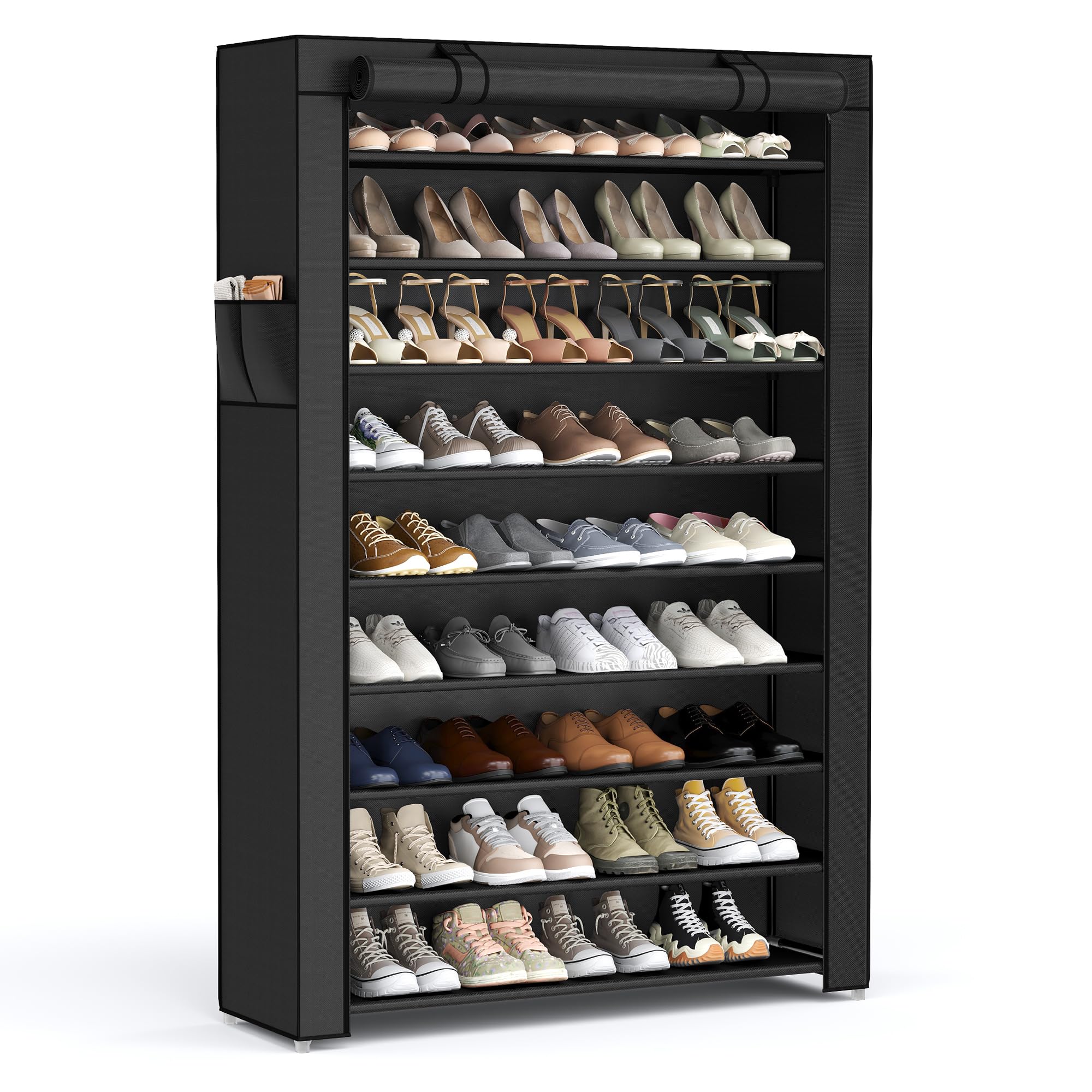 SONGMICS 9-Tier Shoe Rack Organizer with Fabric Cover - Holds 40-50 Pairs of Shoes for Entryway, Closet, or Bedroom - Perfect for Sneakers, Boots, Heels & Flats - Space-Saving Black Shoe Storage Shelf URXJ36HV1