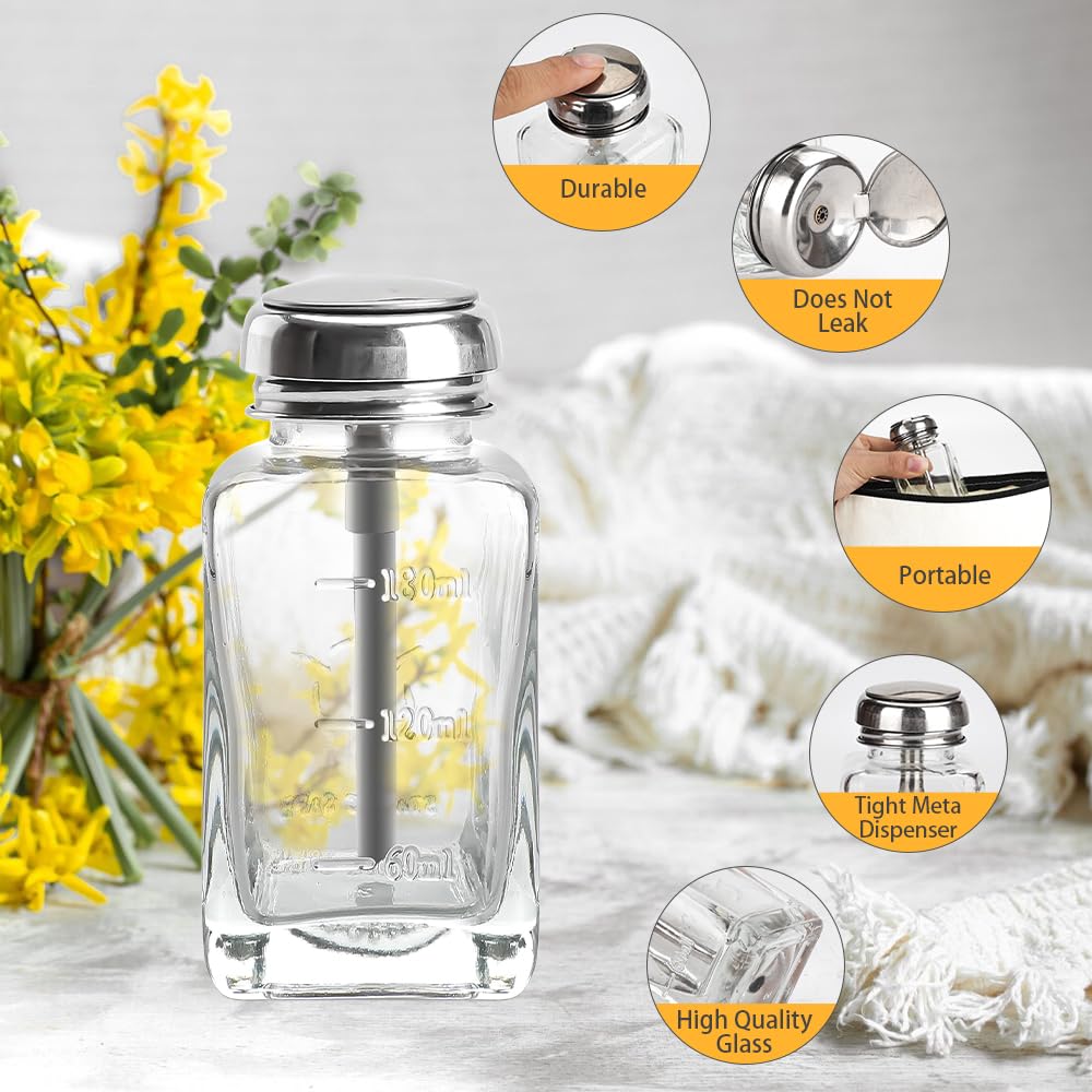 2 Pcs 180ml/6oz Empty Nail Polish Remover Pump Dispenser Bottles with 540PCS Lint-Free Nail Wipes - Refillable Glass Containers for Acetone, Alcohol & Makeup Remover - Perfect for Salon, Home Manicure & Travel Nail Care