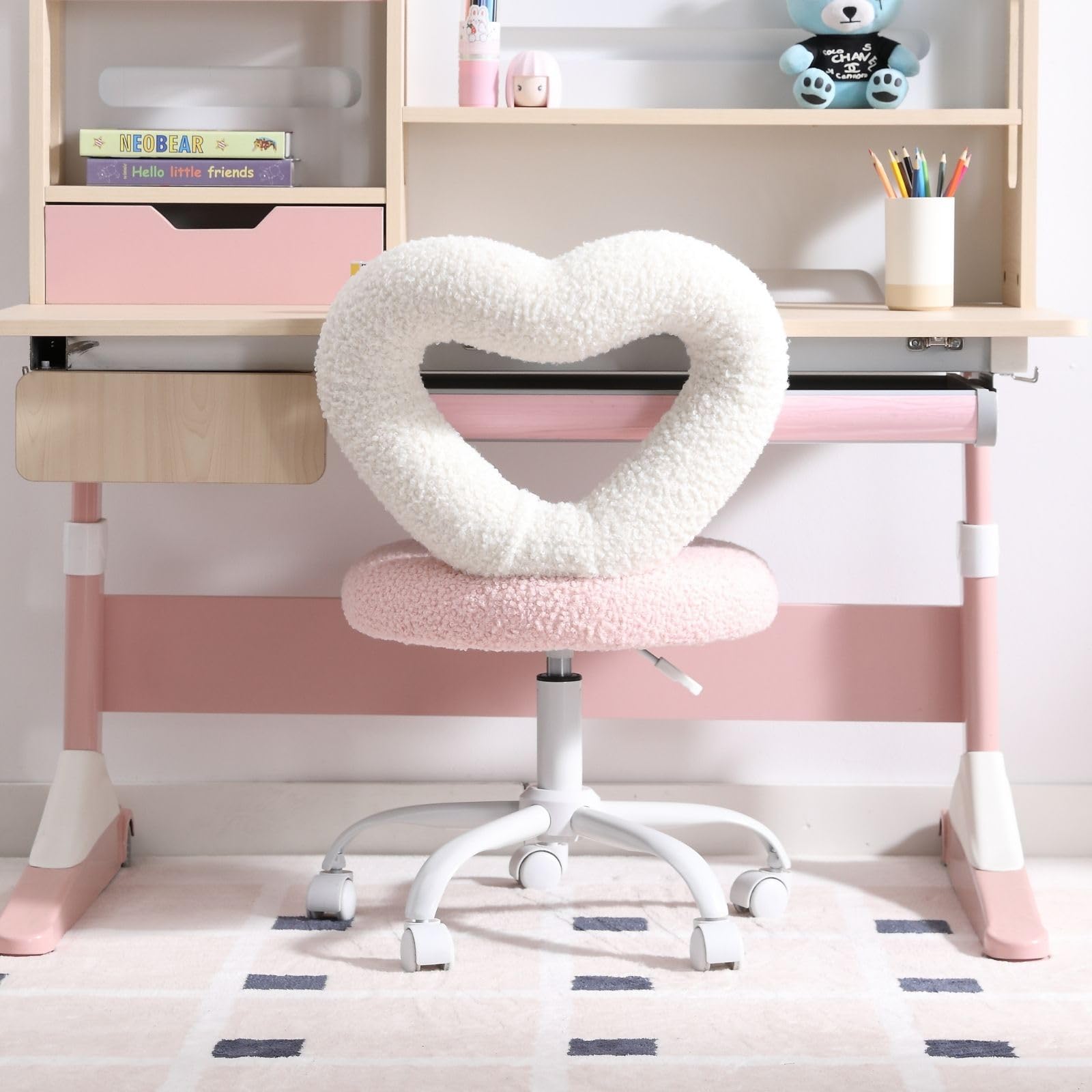LukeAlon Adjustable Kids Desk Chair with Rolling Wheels - Sherpa Heart Back Swivel Chair for Boys & Girls, Pink & White | Ergonomic Study Chair for Teens, Children's Computer Chair for Home & Classroom Use