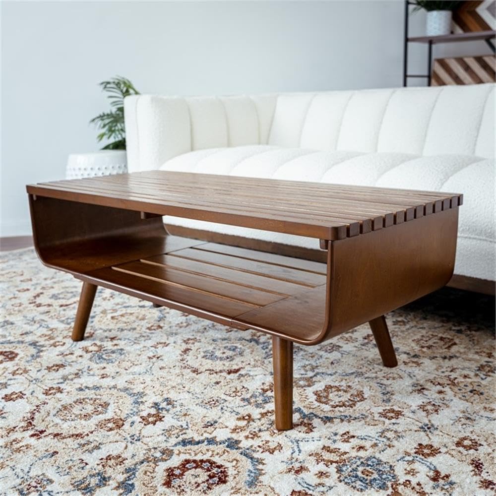 Allora Mid Century Modern Coffee Table - Solid Wood Brown Finish for Living Room, Lounge & Office - Stylish & Durable Home Decor Furniture