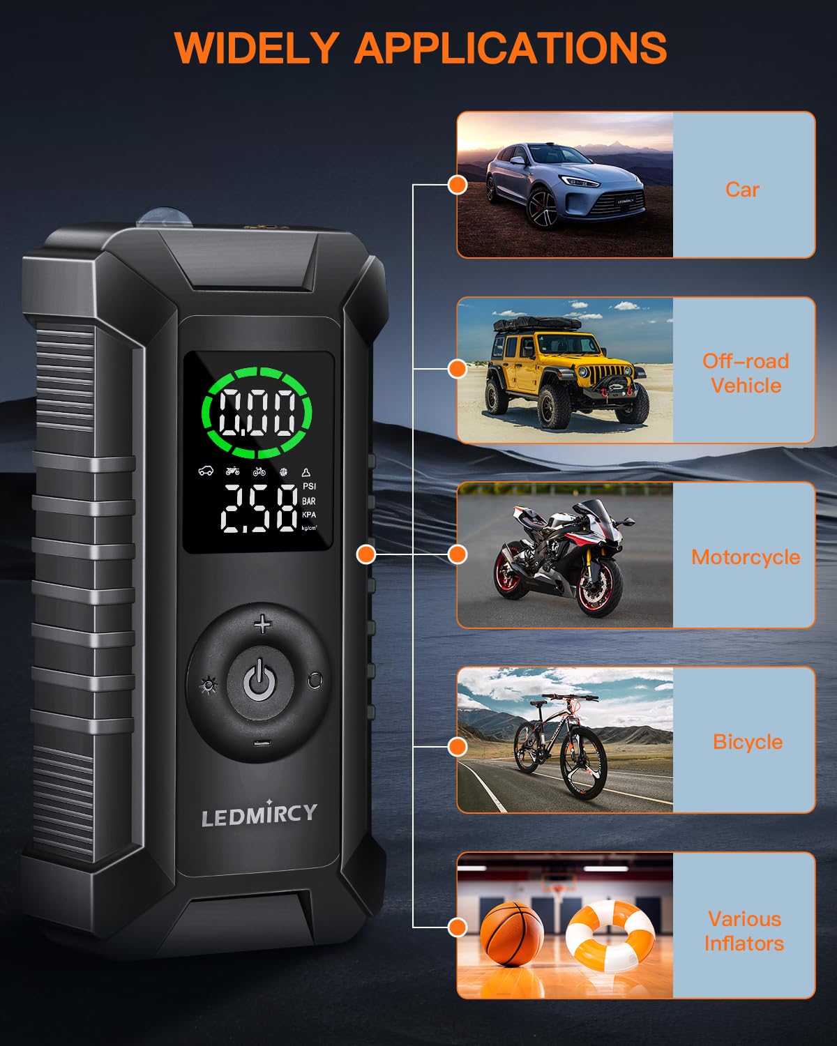 LEDMIRCY 12V DC Portable Tire Inflator Air Compressor with Digital Pressure Gauge - Emergency Car Tire Pump for Cars, Pickup Trucks, Motorcycles & Bicycles | Compact Travel Air Pump for Roadside Assistance & Home Use