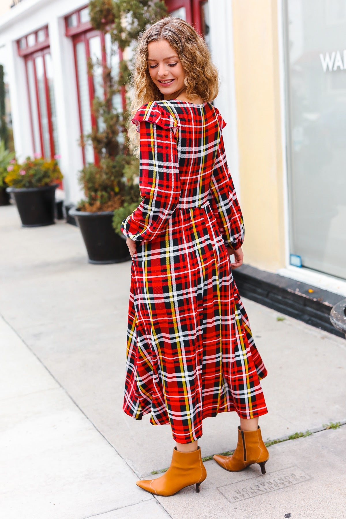 Stylish Red Plaid Fit & Flare Midi Dress with Ruffle Details - Perfect for Holiday Parties, Date Nights & Office Wear