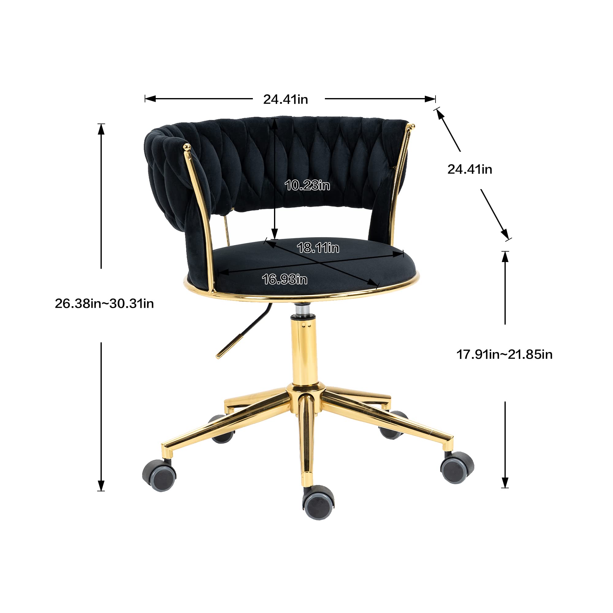 Velvet Office Chair - Ergonomic Swivel Desk Chair with Adjustable Height, Arms & Wheels - Upholstered Computer Task Chair for Home Office, Gaming & Makeup Station - Black Velvet Fabric with Metal Base
