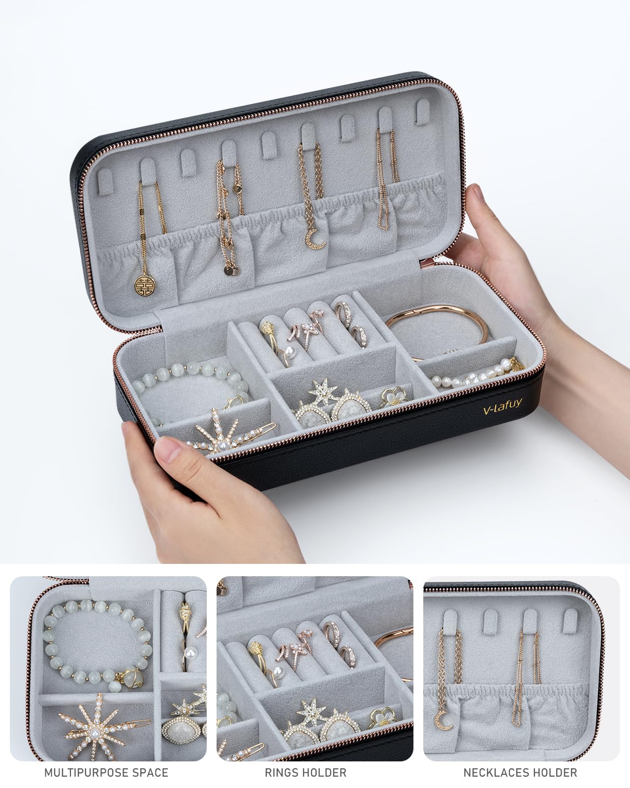 Portable Travel Jewelry Organizer Box for Women - Compact Jewelry Case for Rings, Earrings, Necklaces, Bracelets & Watches (Black) | Perfect for Vacation, Business Trips & Daily Storage