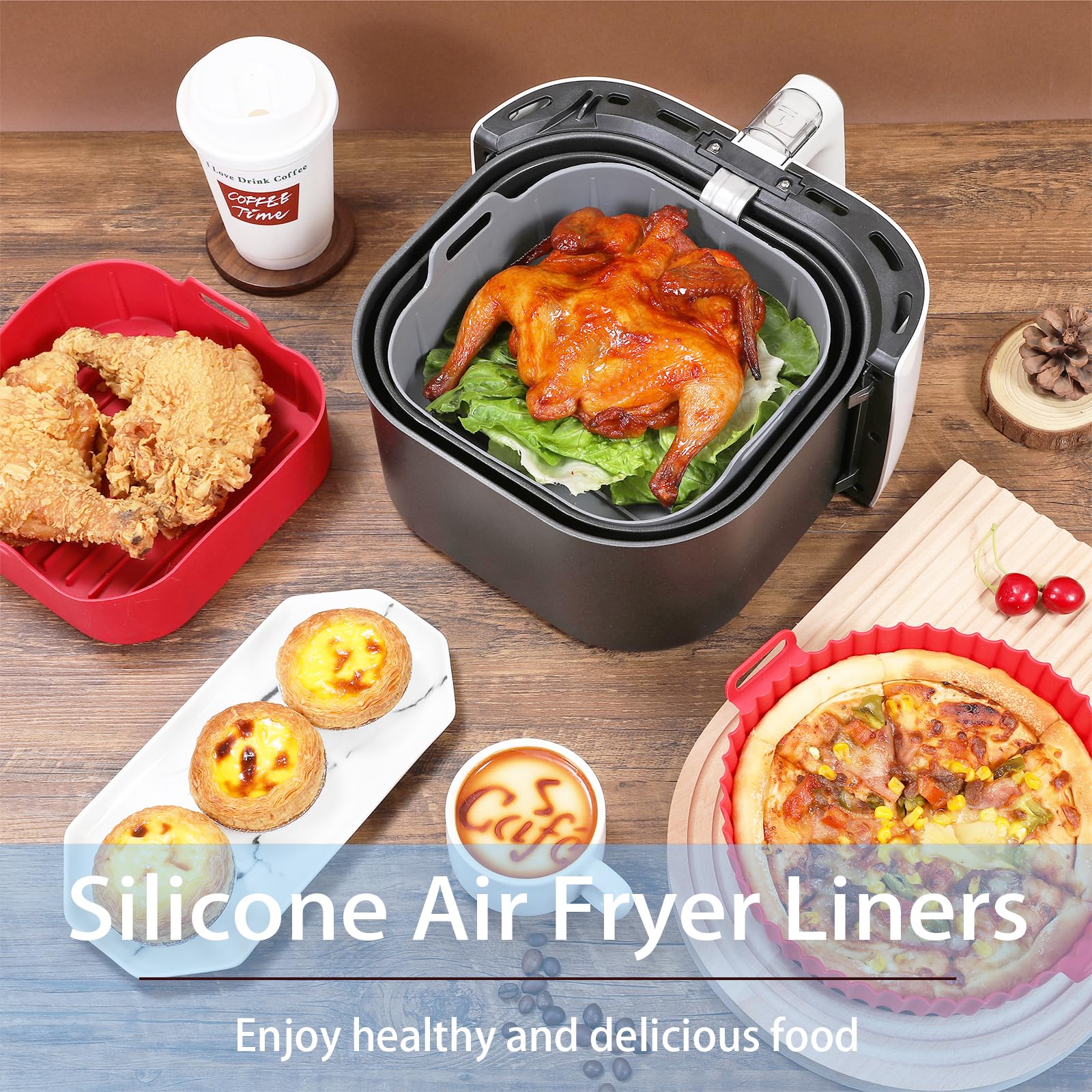 Non-Stick Air Fryer Silicone Liners - 2 Pack Reusable Square Basket Bowl for 3-6QT Air Fryers (7.5 Inch) - Safe Parchment Paper Replacement for Healthy Cooking | Perfect for Baking, Roasting & Meal Prep