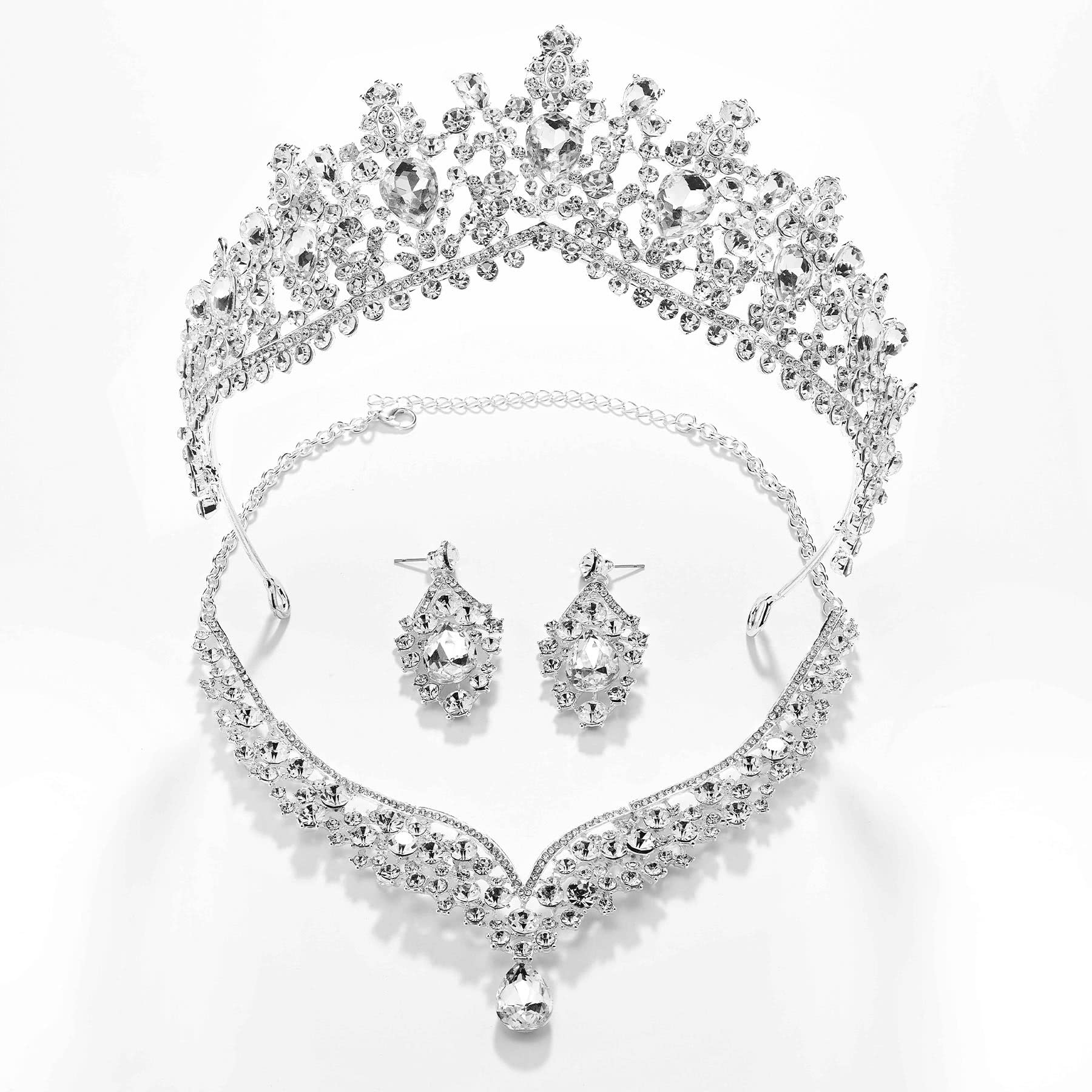 SWEETV 3-Piece Bridal Jewelry Set - Silver Wedding Crown Tiara with Matching Earrings & Necklace for Bride, Crystal Bridal Accessories for Wedding, Prom, Pageant, Birthday & Costume Parties (Ages 15+)