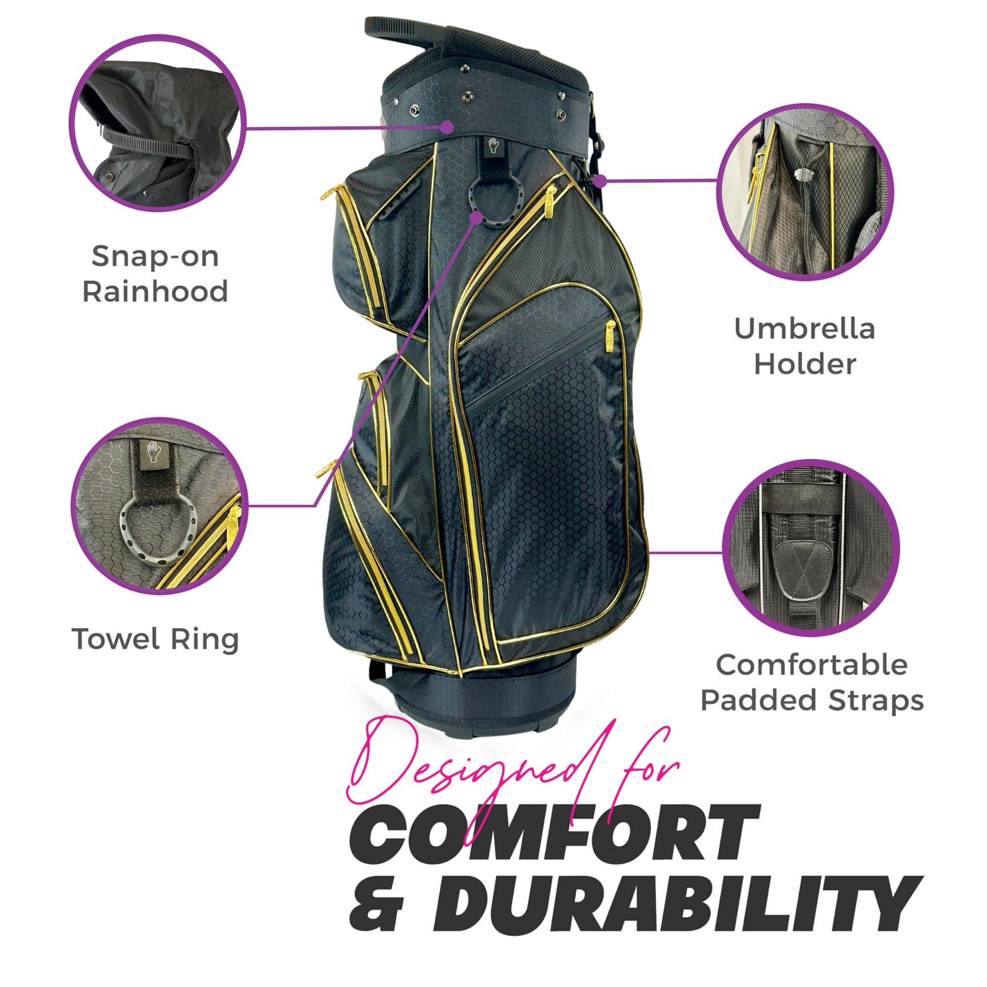Lightweight Women's Golf Cart Bag - 14-Way Divider, 7 Zippered Pockets, Insulated Cooler & Rain Hood | Perfect for Ladies Golf Tournaments & Outdoor Practice