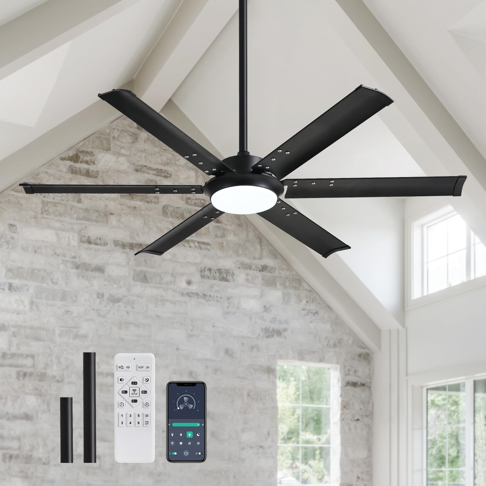 CROSSIO 52 Inch Black Industrial Ceiling Fan with Lights - Remote Control, Dimmable LED, Reversible 6-Speed Silent Motor - Aluminum Fandelier for Living Room, Bedroom, Dining Room & Outdoor Patio | Perfect for Home Cooling and Stylish Lighting Decor