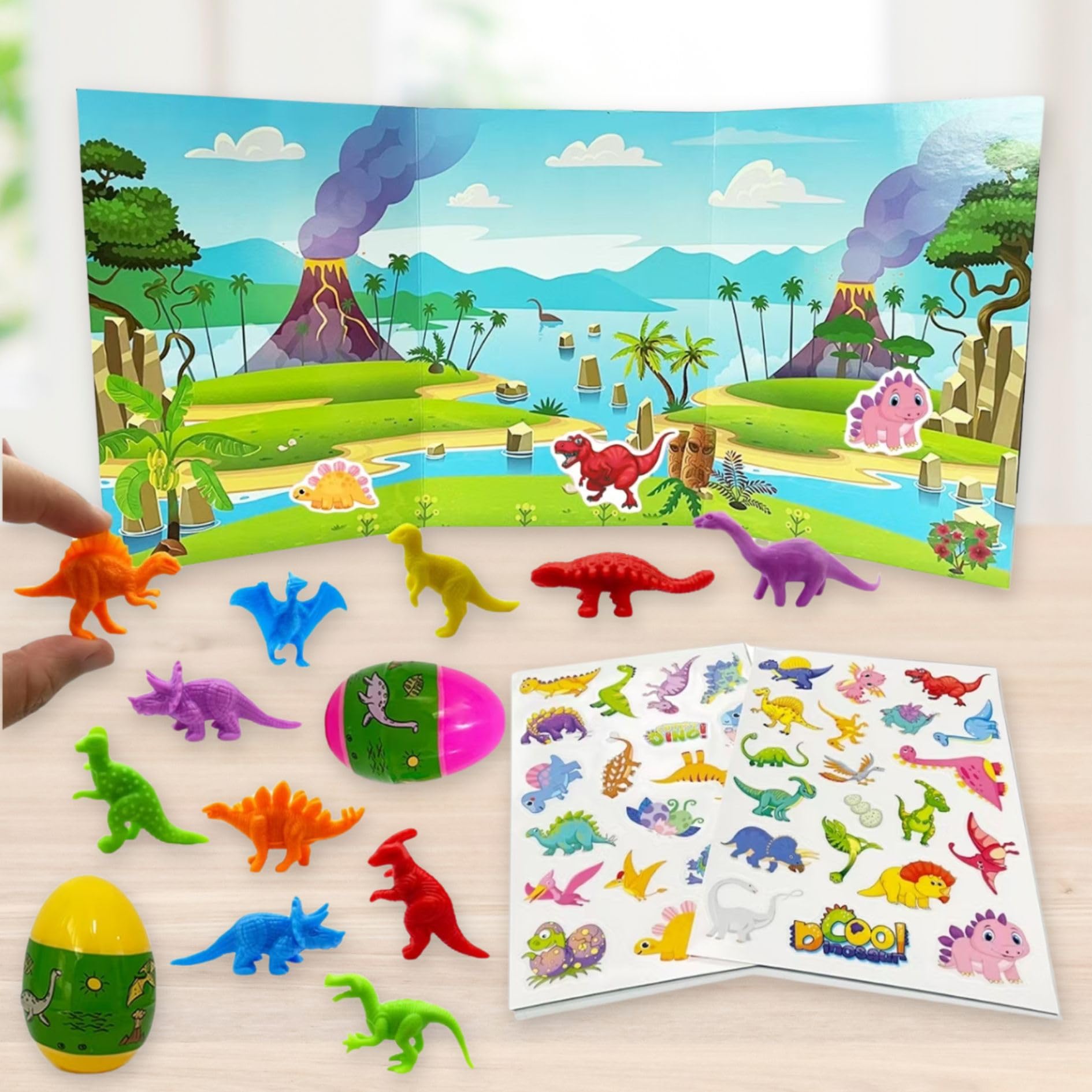 Dinosaur Easter Basket Stuffers – 12 Mini Dinosaur Toys & Reusable Sticker Activity Book | Pre-Filled Easter Eggs for Toddlers & Kids Ages 2-7 | Fun Easter Gifts for Boys & Girls | Perfect for Easter Egg Hunts, Party Favors & Classroom Rewards