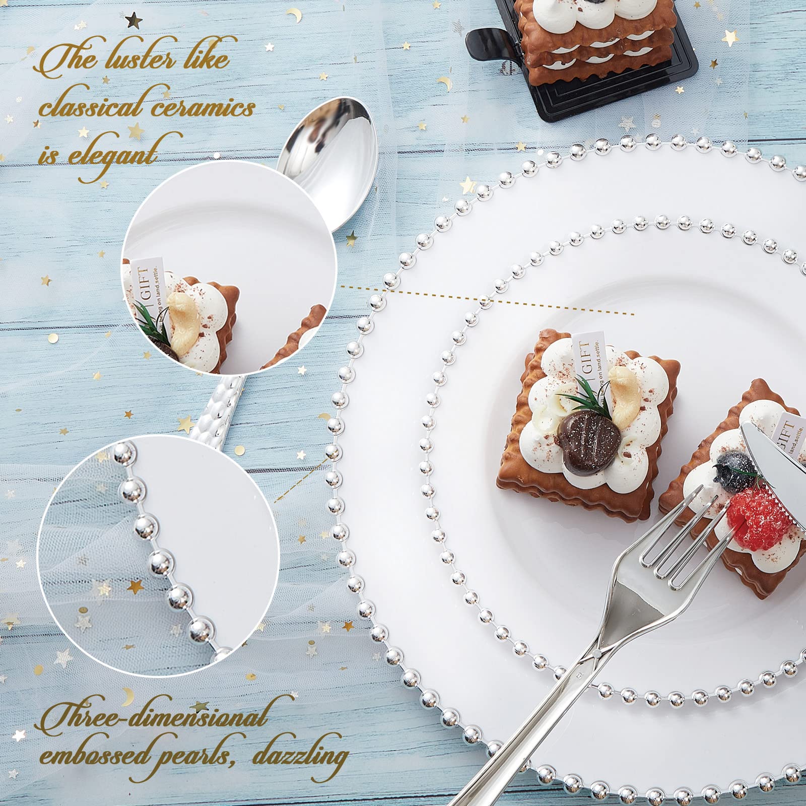 75-Piece Elegant Disposable Dinnerware Set - 15 Dinner Plates, 15 Dessert Plates with Silver Beaded Rim, 15 Silver Spoons, 15 Knives, 15 Forks | Premium Plastic Silverware for Weddings, Birthdays & Special Occasions | Perfect for Party Decor, Catering & Events