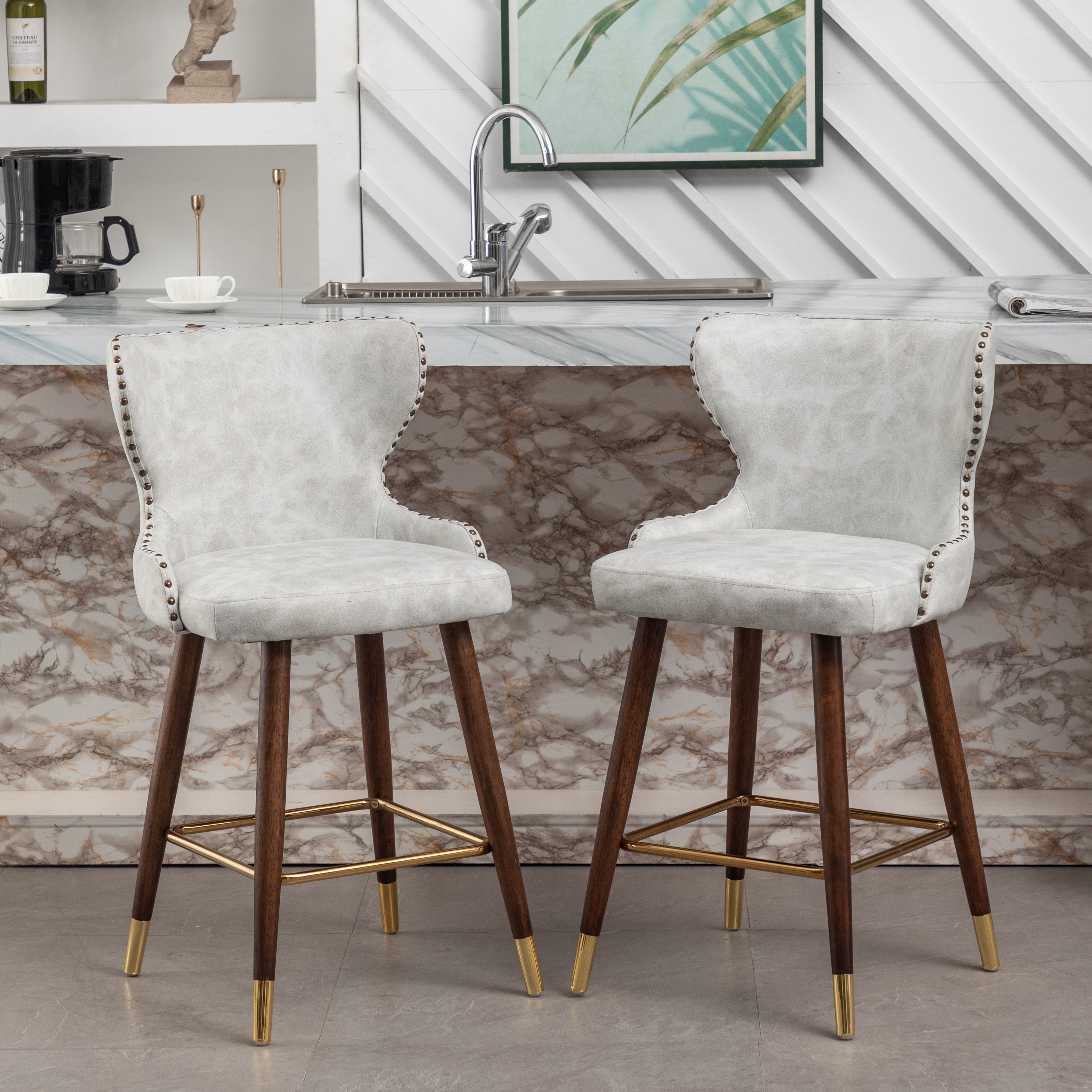 Roundhill Furniture Nevis Mid-Century Modern Faux Leather Tufted Nailhead Trim Counter Stools - Set of 2, White - Perfect for Kitchen Islands, Breakfast Bars & Home Decor