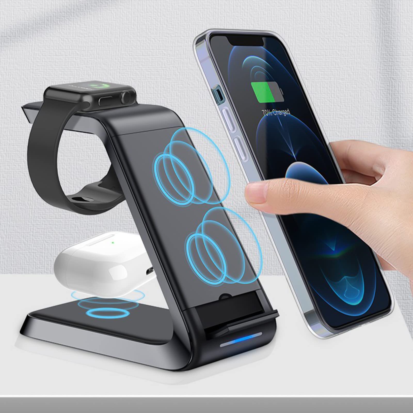 3-in-1 Wireless Charging Station with Smart Safety Protection - 15W Fast Charger Stand for iPhone, Samsung & Android Phones - Perfect for Home, Office & Nightstand Charging