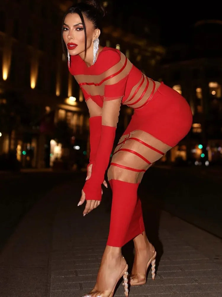 2024 Elegant Long Sleeve Mesh Women's Party Dress - Black/Red/White Ankle-Length Celebrity Evening Gown for Club, Wedding & Special Occasions