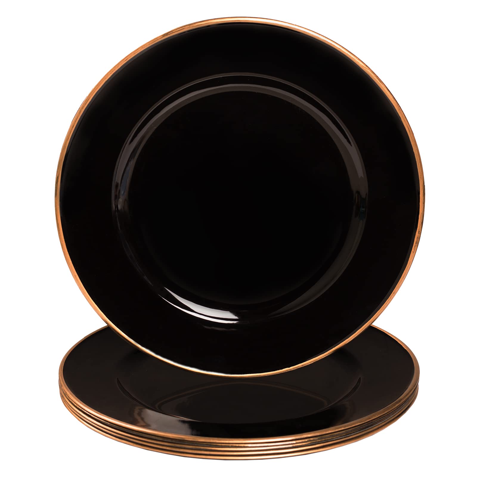 MAONAME 13-Inch Black Plastic Charger Plates with Gold Rim - Elegant Round Decorative Dinner Plates for Weddings, Parties, and Formal Dining - Set of 6 - Perfect for Table Settings, Buffets, and Special Occasions