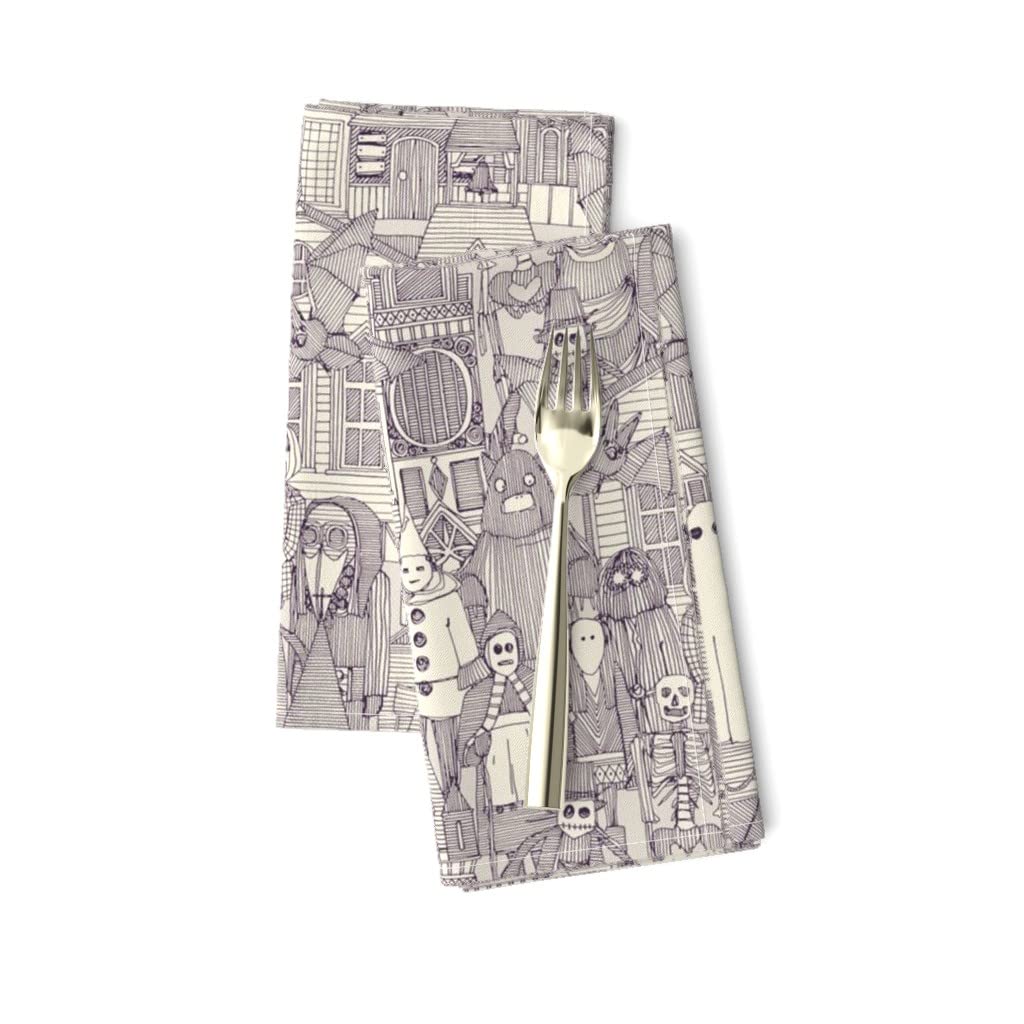 Vintage Halloween Printed Linen Cotton Canvas Dinner Napkins (Set of 2) - Purple Ivory Pumpkin Ghost Spooky Retro Horror Design for Holiday Dining, Party Decor & Home Table Setting