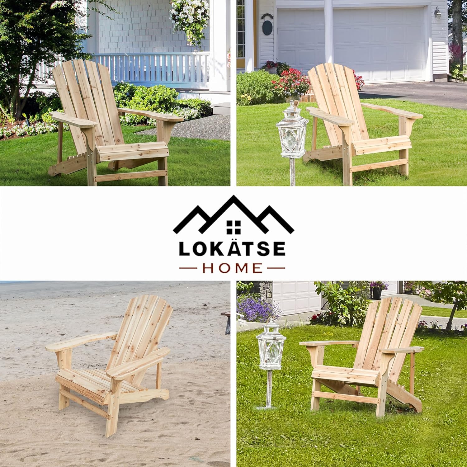 LOKATSE HOME Natural Wood Single Adirondack Chair - Outdoor Patio Furniture for Garden, Deck, Poolside & Backyard Relaxation