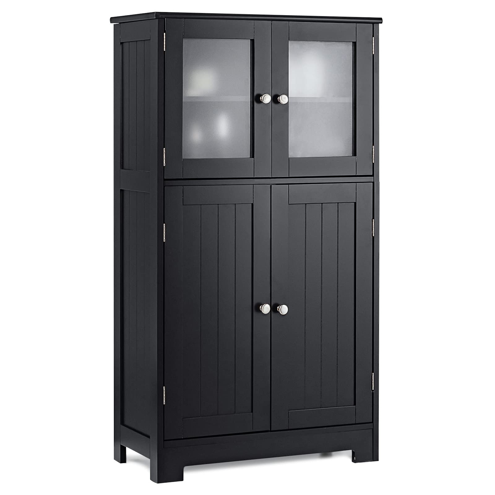 Tangkula Freestanding Bathroom Floor Cabinet with Glass Doors - Adjustable Shelf Wood Storage Cabinet for Bathroom, Kitchen, Hallway, Living Room & Office - Perfect for Organizing Towels, Toiletries & Home Decor (Black)