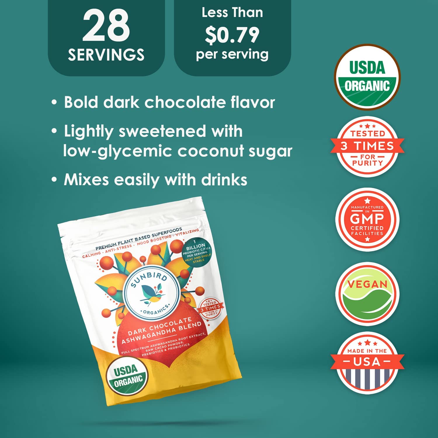 Organic Ashwagandha Chocolate Powder with Probiotics - Healthy Hot Cocoa & Smoothie Mix - Stress Relief & Focus Support - USA Made - 3 Pack - Perfect for Relaxation, Morning Energy & Post-Workout Recovery