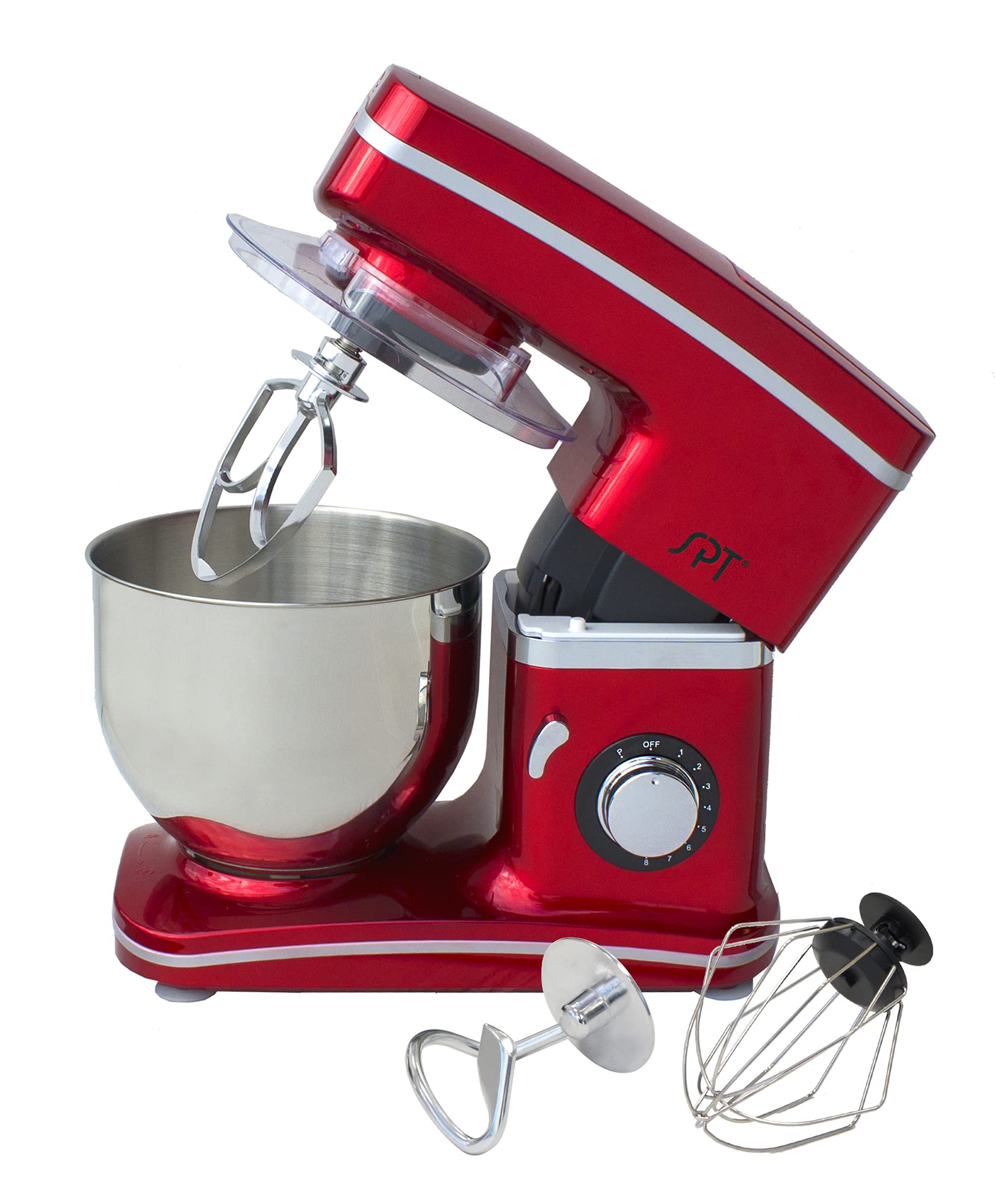 SPT MM-106RA 8-Speed Stand Mixer - Powerful 500W Electric Hand Mixer with 8 Speeds, Stainless Steel Bowl & Dough Hook - Perfect for Baking Cakes, Cookies, Bread & More (Red)