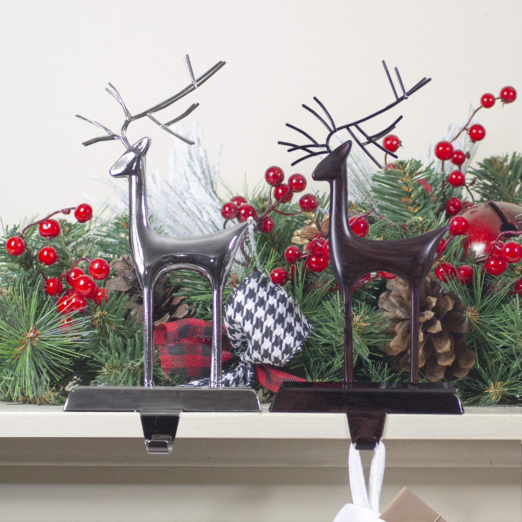 Northlight Set of 2 Oil Rubbed Bronze and Silver Reindeer Christmas Stocking Holders - Elegant Holiday Decor for Fireplace Mantel, Christmas Tree, and Festive Home Decorating