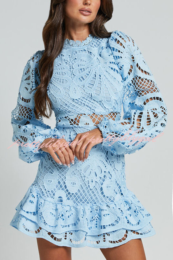 Elegant Solid Color Hollow Long Sleeve Waisted Lace Mini Dress for Women - Perfect for Parties, Dates & Special Occasions
