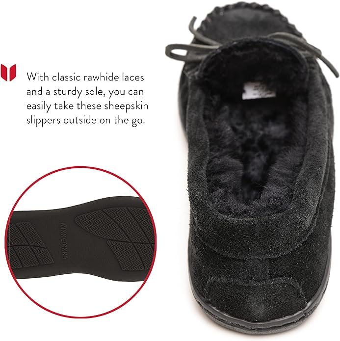 Minnetonka Men's Sheepskin Hardsole Moccasin Slippers - Soft Indoor/Outdoor House Shoes for Comfort & Warmth - Black, Size 12 M - Perfect for Home, Office & Casual Wear