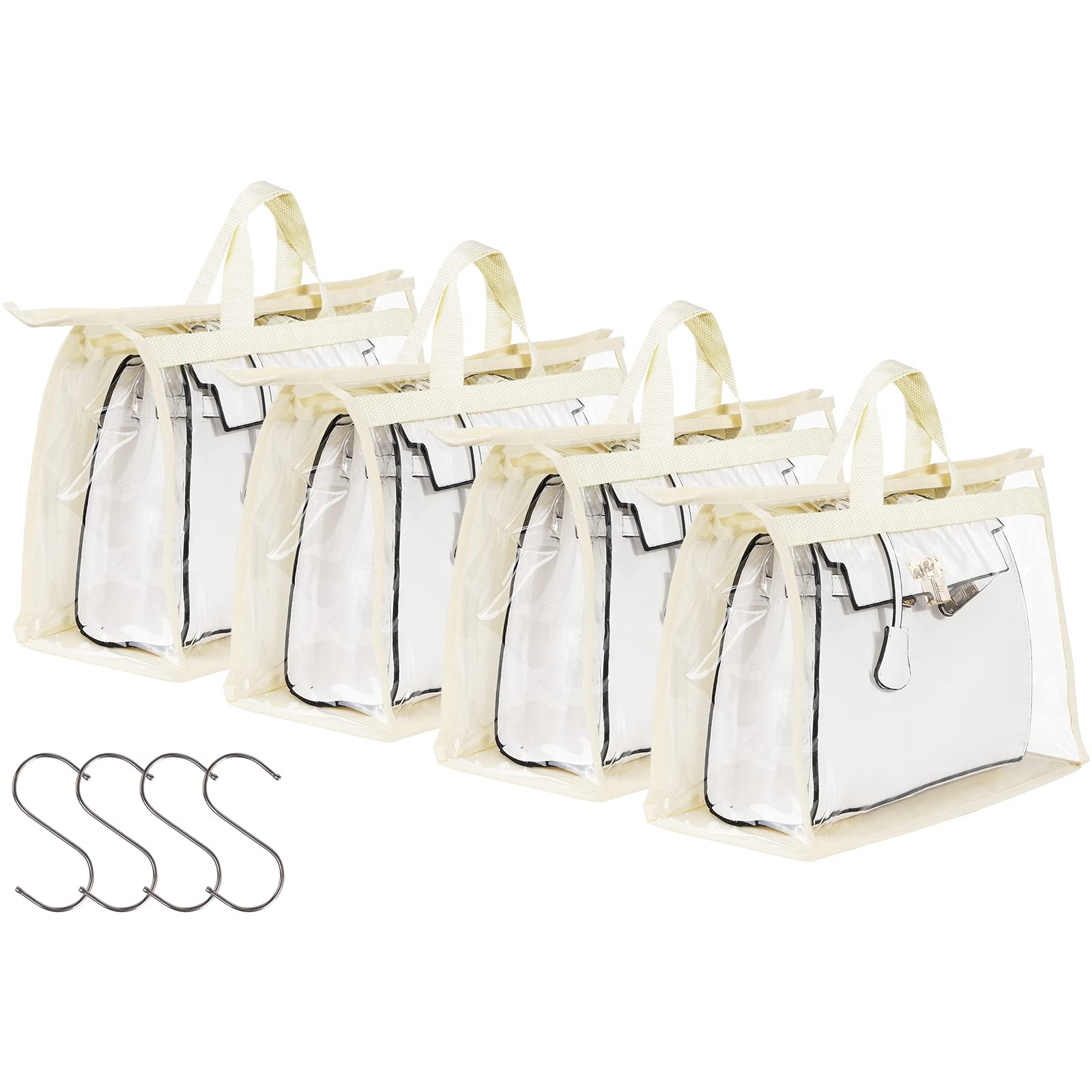 Puricon 4 Pack Clear Handbag Dust Bags with Handles & Zippers - Beige Closet Organizer for Purse Storage | Perfect for Travel, Home Organization & Luxury Bag Protection