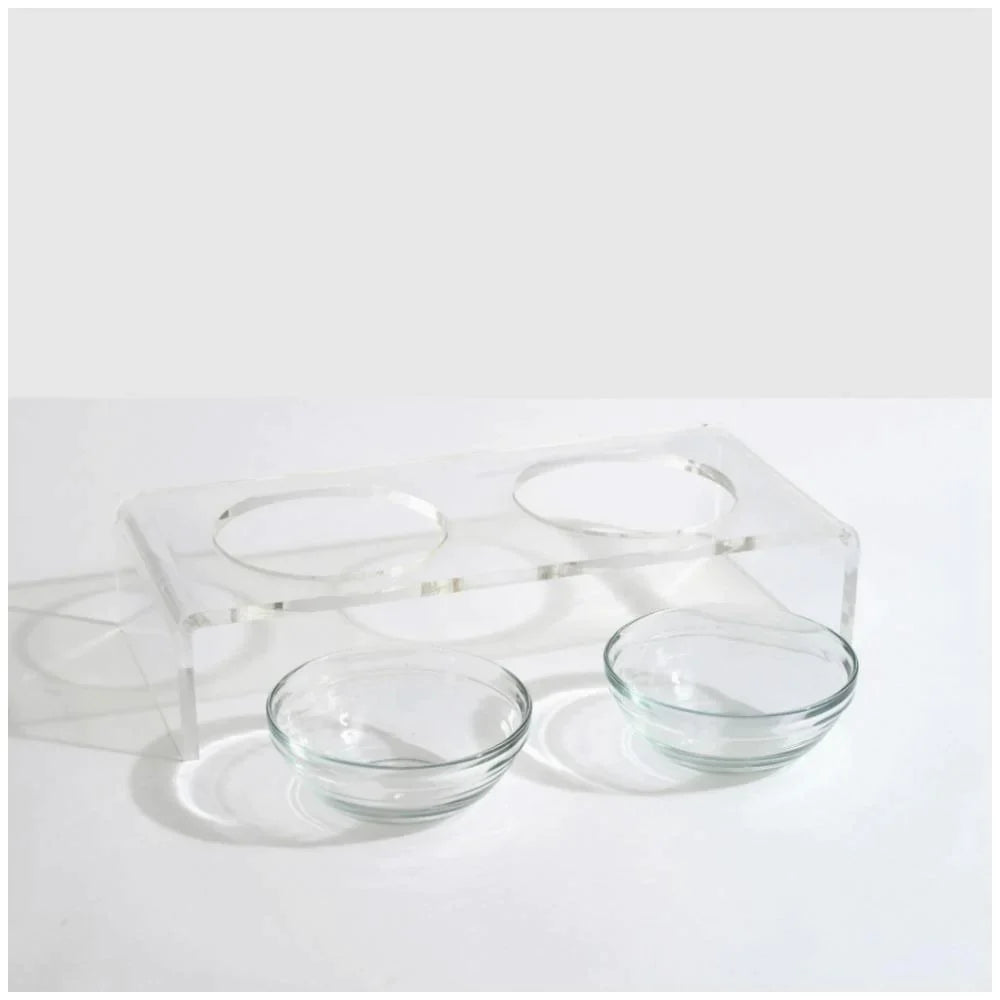 Clear Double Dog Bowl Feeder with 1 Pint Glass Bowls - Non-Slip Pet Food and Water Dish for Small to Medium Dogs - Perfect for Home, Kitchen, or Travel Use