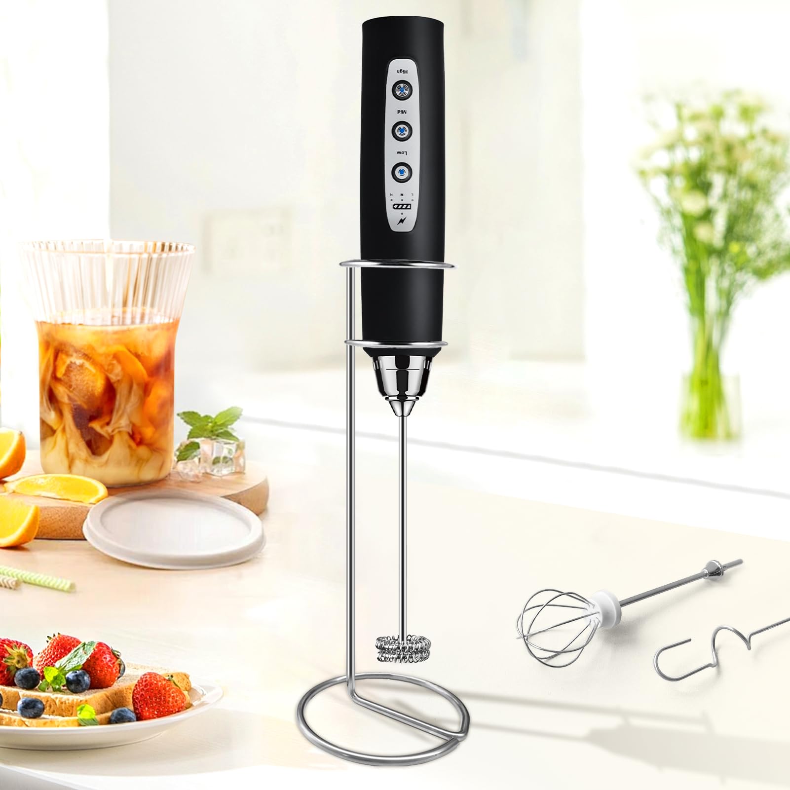 Rechargeable Handheld Milk Frother with Stand - 3 Stainless Steel Whisks & 3 Speed Settings, Electric Drink Mixer for Coffee, Matcha, Cappuccino, Hot Chocolate | Perfect for Home Baristas, Coffee Shops & Office Use