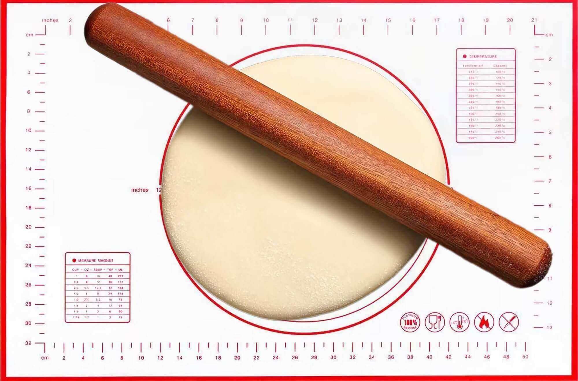 Wooden Rolling Pin & Non-Stick Silicone Baking Mat Set - Premium French Pastry Roller & Dough Mat for Bread, Cookies, Tortillas, Pasta, Pizza - Perfect for Home Baking, Kitchen Essentials & Holiday Cooking Gifts