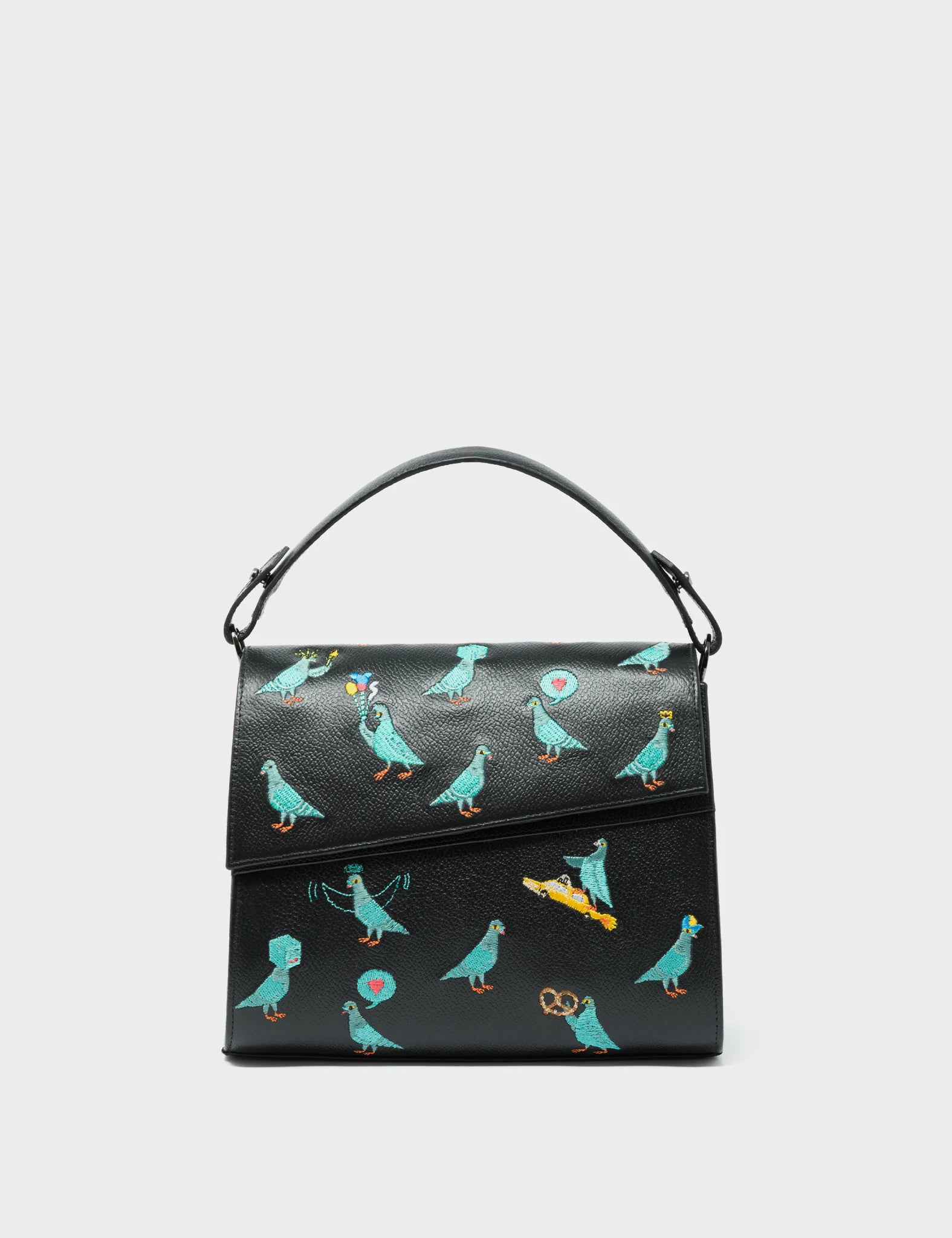 Anastasio Mini Crossbody Handbag - Black Genuine Leather with Pigeonista Embroidery | Stylish & Compact Purse for Women | Perfect for Everyday Use, Travel & Date Nights
