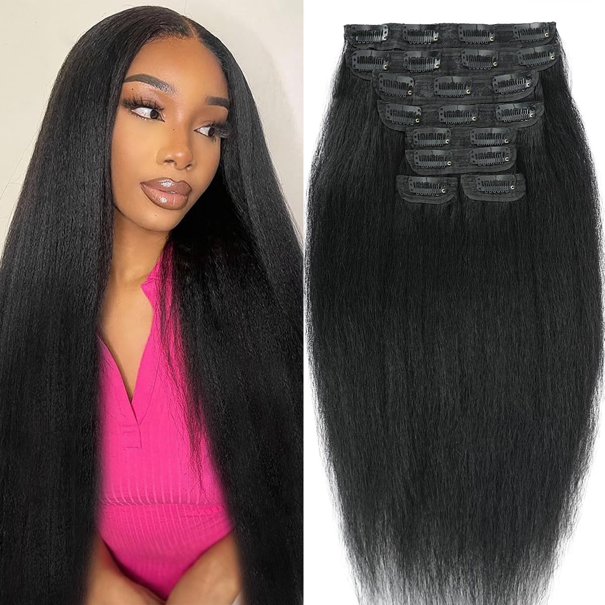 16 Inch Kinky Straight Clip-in Hair Extensions - 100% Brazilian Remy Human Hair (8Pcs/100g) with 20 Clips - Natural Black for Women | Perfect for Daily Wear, Parties & Special Occasions