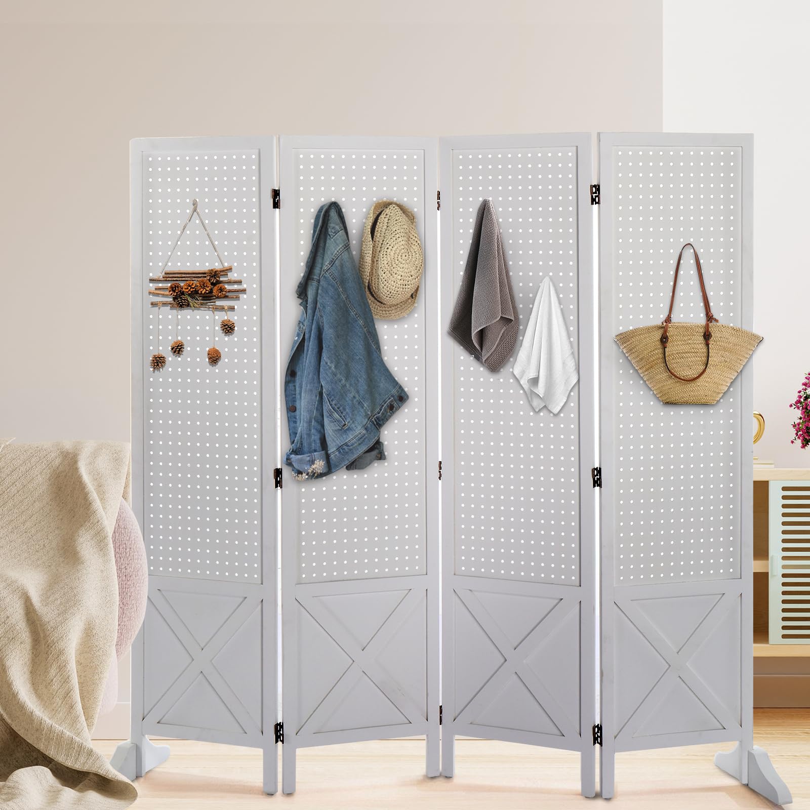 VINGLI 5 FT Freestanding Pegboard Organizer with Support Feet - White 4 Panel Wood Room Divider, Folding Privacy Screen & Display Board for Craft Shows, Retail Stores, Home Office & Event Space Separation