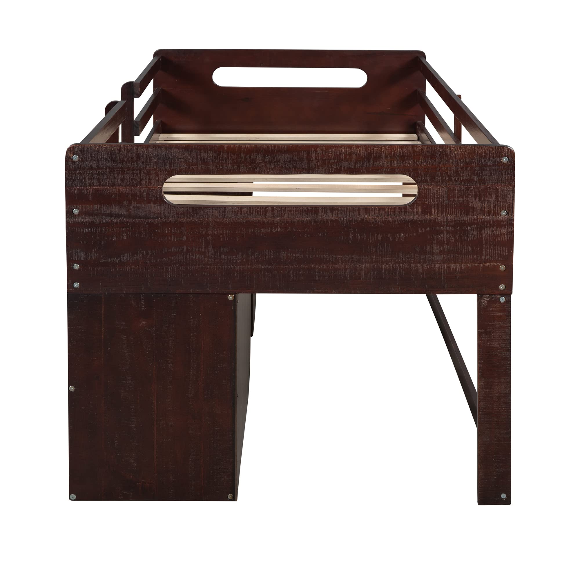P PURLOVE Twin Loft Bed with 2 Shelves & 2 Drawers - Low Loft Bed Frame for Kids & Teens - No Box Spring Needed - Space-Saving Design for Small Rooms - Antique Espresso Finish - Perfect for Dorms, Apartments & Shared Bedrooms