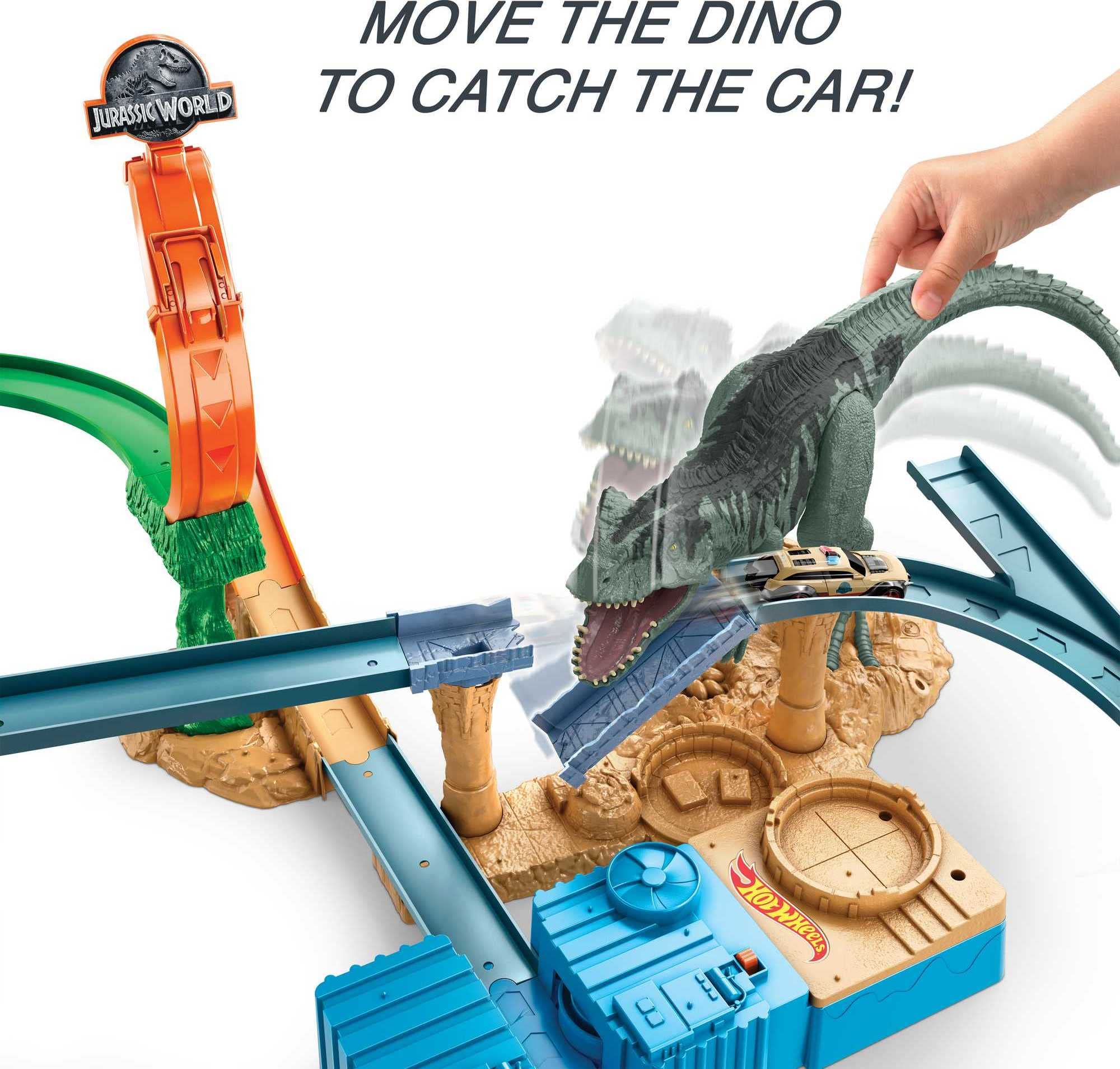 Hot Wheels Jurassic World Dominion Toy Cars & Track Set - Motorized Clash 'n Crash Playset with T-Rex Dinosaur, Booster & 1:64 Scale Die-Cast Car for Kids - Dinosaur Battle Racing Game for Birthday Gifts & Indoor Play
