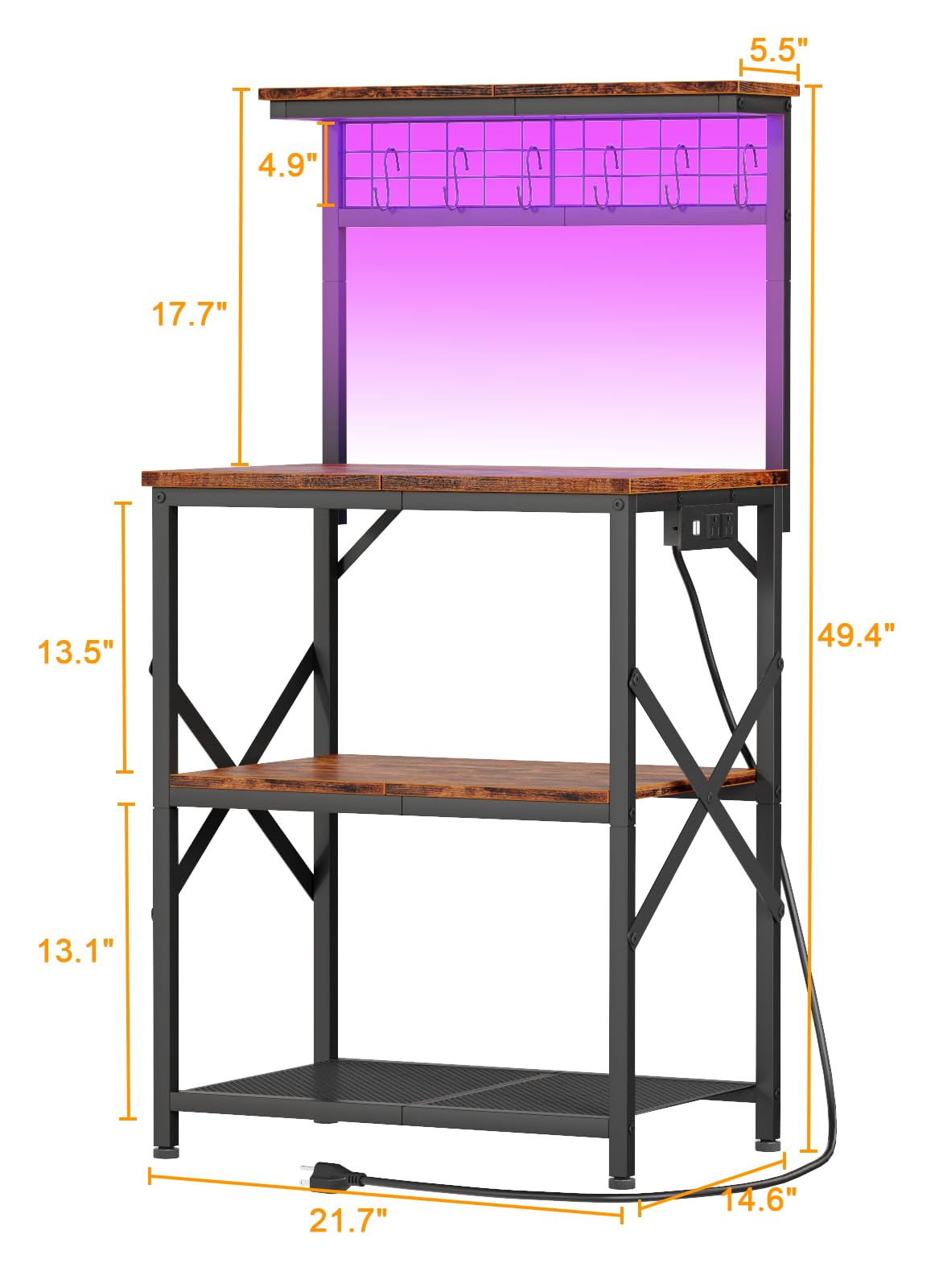 Furologee 4-Tier Bakers Rack with Power Outlet & LED Lights - Rustic Brown Kitchen Storage Shelf for Microwave, Coffee Bar, Spices & Pots - Perfect for Small Kitchens, Apartments & Coffee Stations