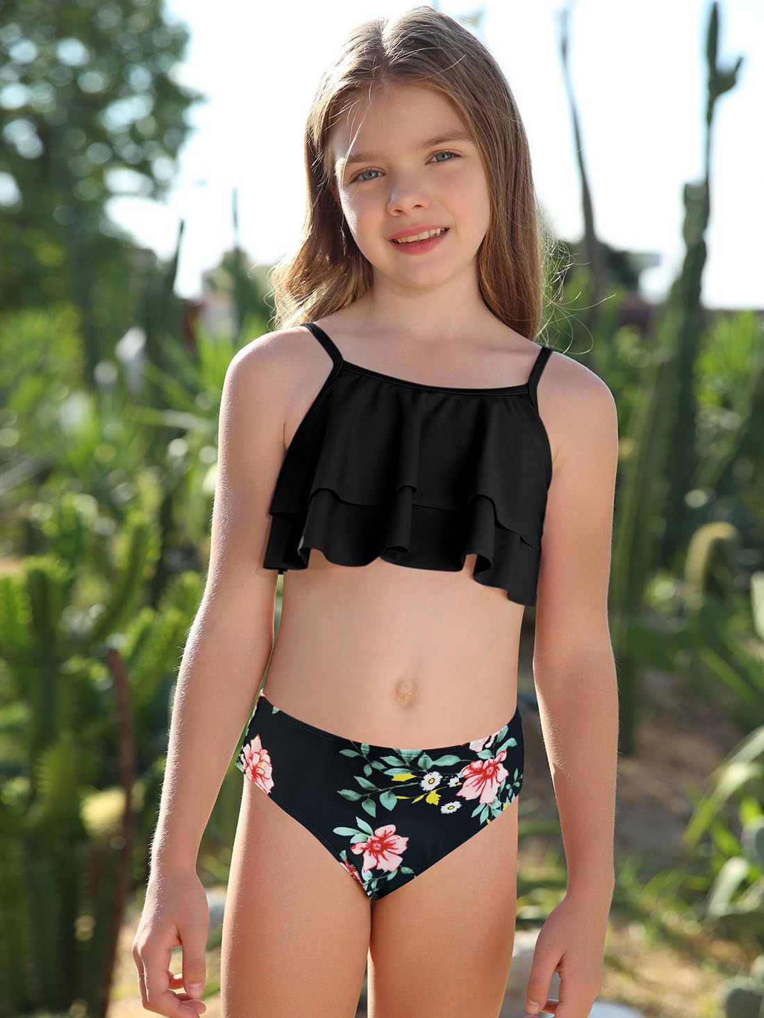 SHEKINI Girls Floral Print Ruffled Two-Piece Swimsuit | Cute Bikini Set for Beach, Pool & Summer Vacation | Toddler & Kids Swimwear