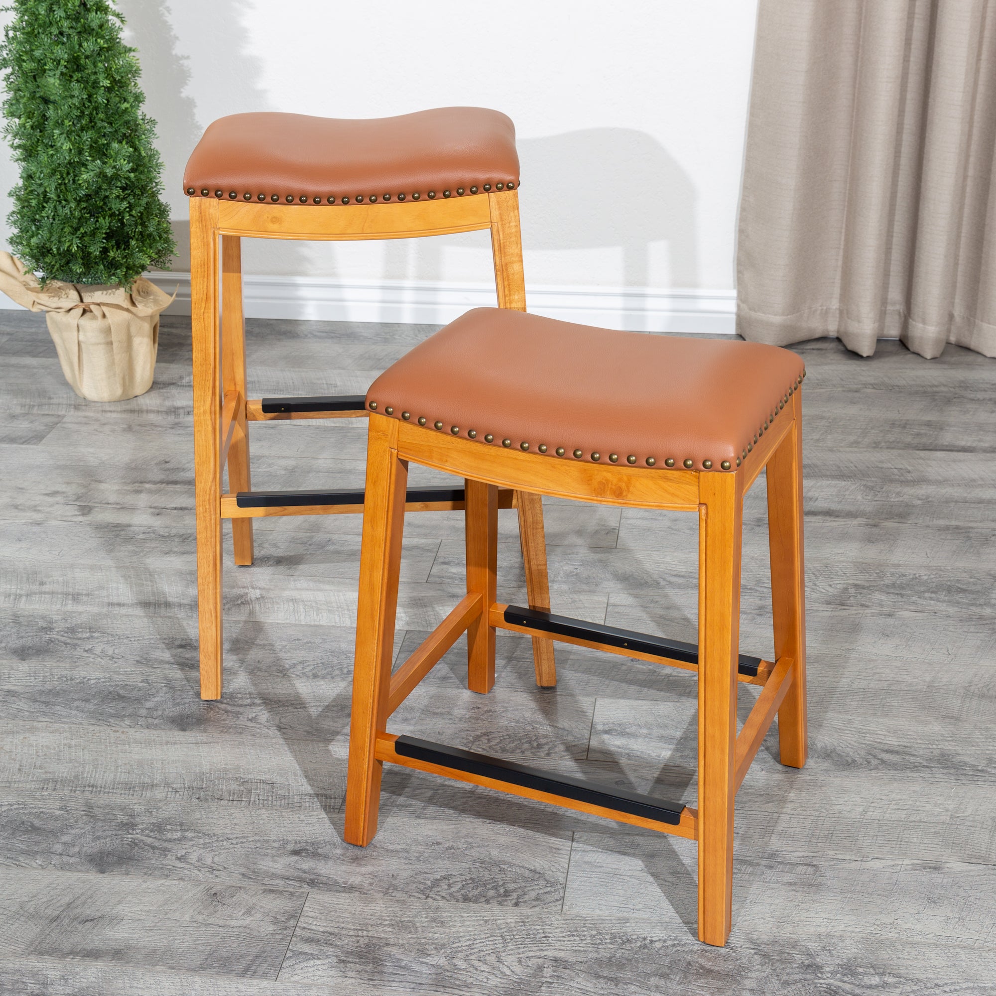 24 Inch Counter Stool with Saddle Leather Seat - Natural Wood Finish Bar Stool for Kitchen Island, Breakfast Nook & Home Bar Decor