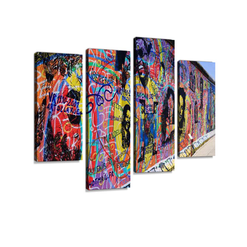 Berlin Wall East Side Gallery Canvas Art - Modern Abstract Painting Prints, 4 Panel Framed Wall Decor for Living Room, Bedroom & Office | Unique Home Decoration Gift Idea