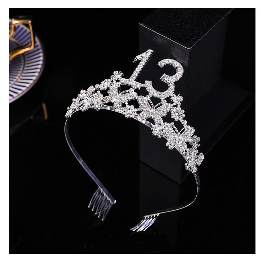 13th Birthday Tiara and Sash Set for Girls - Silver Crystal Rhinestone Crown & Satin Sash - Teen Birthday Party Decorations - Perfect for Sweet 16, Quinceañera & Coming of Age Celebrations