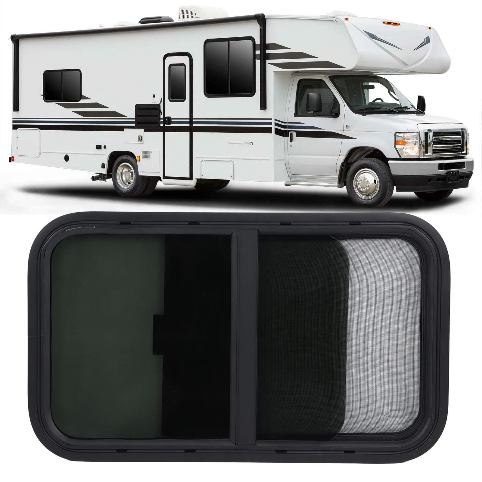 27.56 x 15.75 Inch RV Trailer Window with Screen - Horizontal Sliding Window Replacement for Campers, Engineering Vehicles | Durable Round Corner Design for Mobile Homes & Travel Trailers